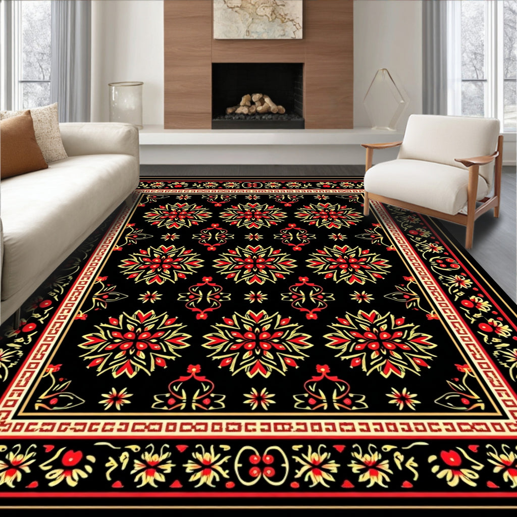 Crimson Red Folk Art Floral Rug
