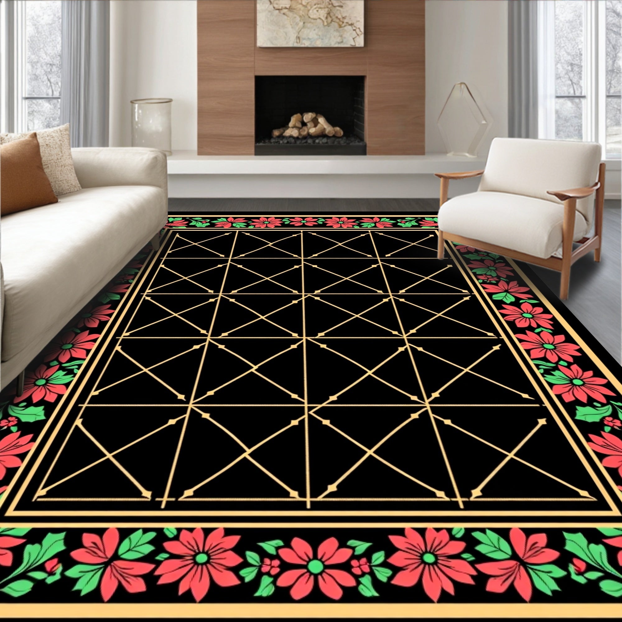 Red Green Floral Golden Lattice Rug