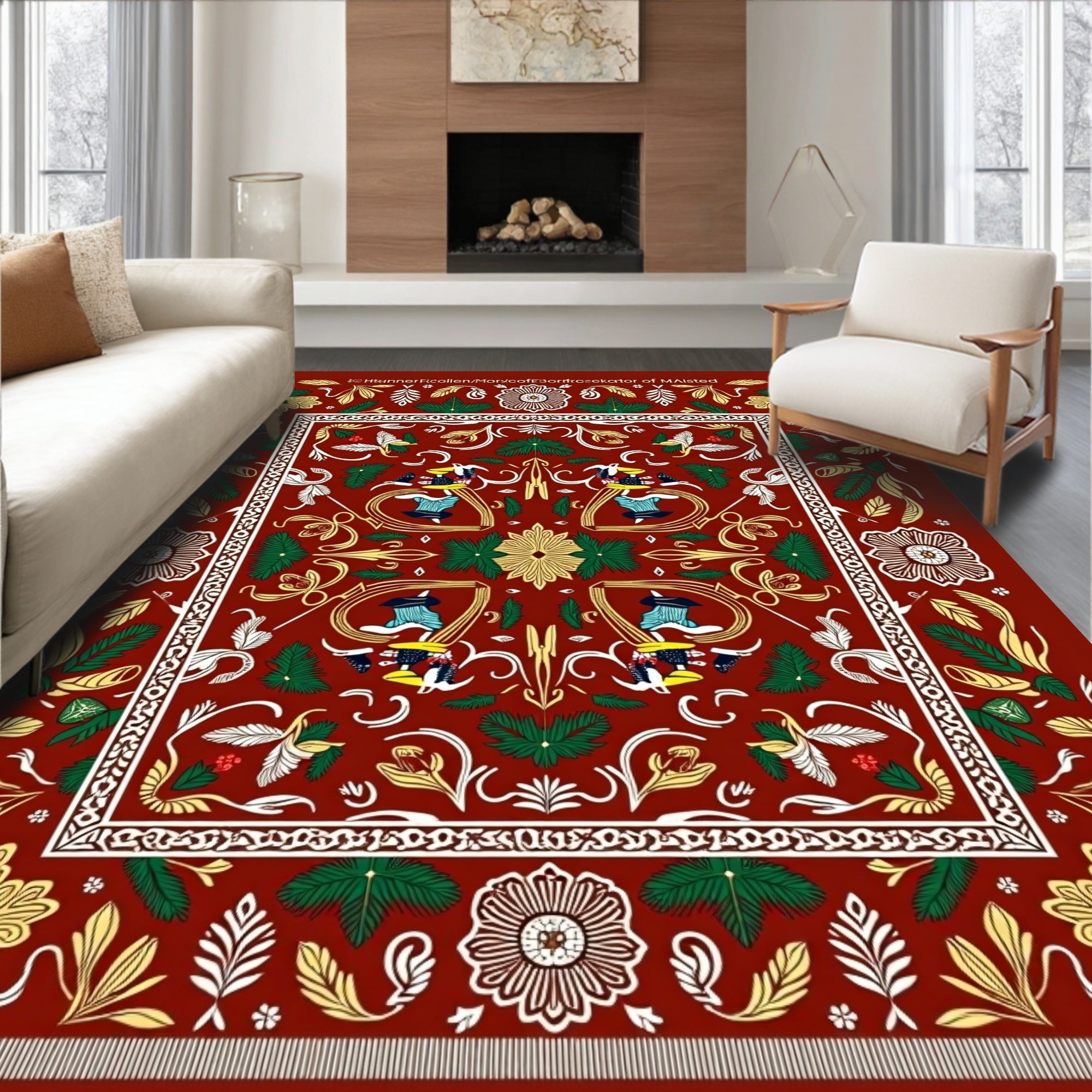 Rich Red Folkloric Bird Swirl Rug
