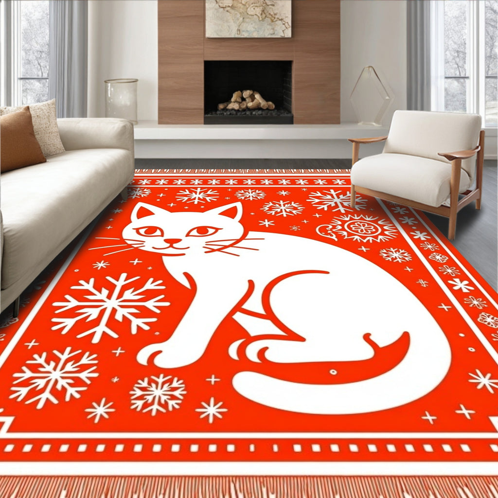 Red White Cat Snowflake Festive Rug