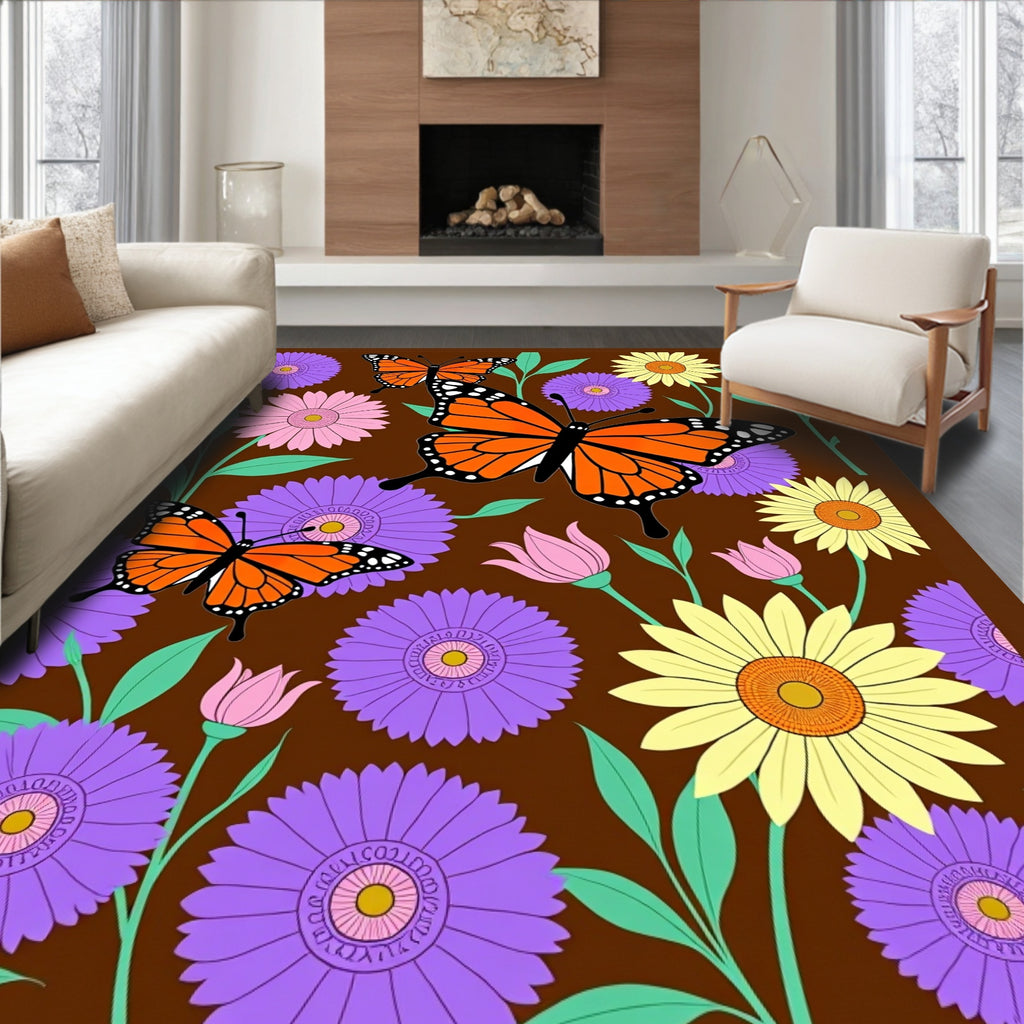 Orange Monarch Butterflies and Flowers Rug