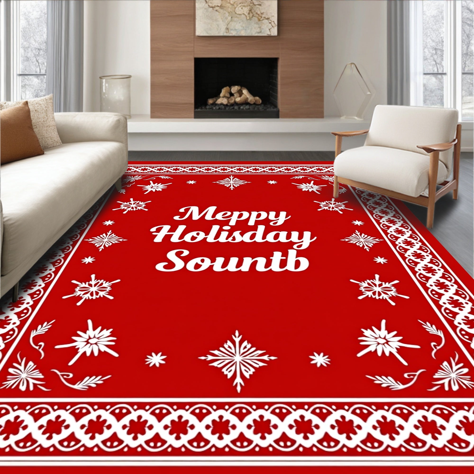 Red Snowflakes Bordered Graphic Rug