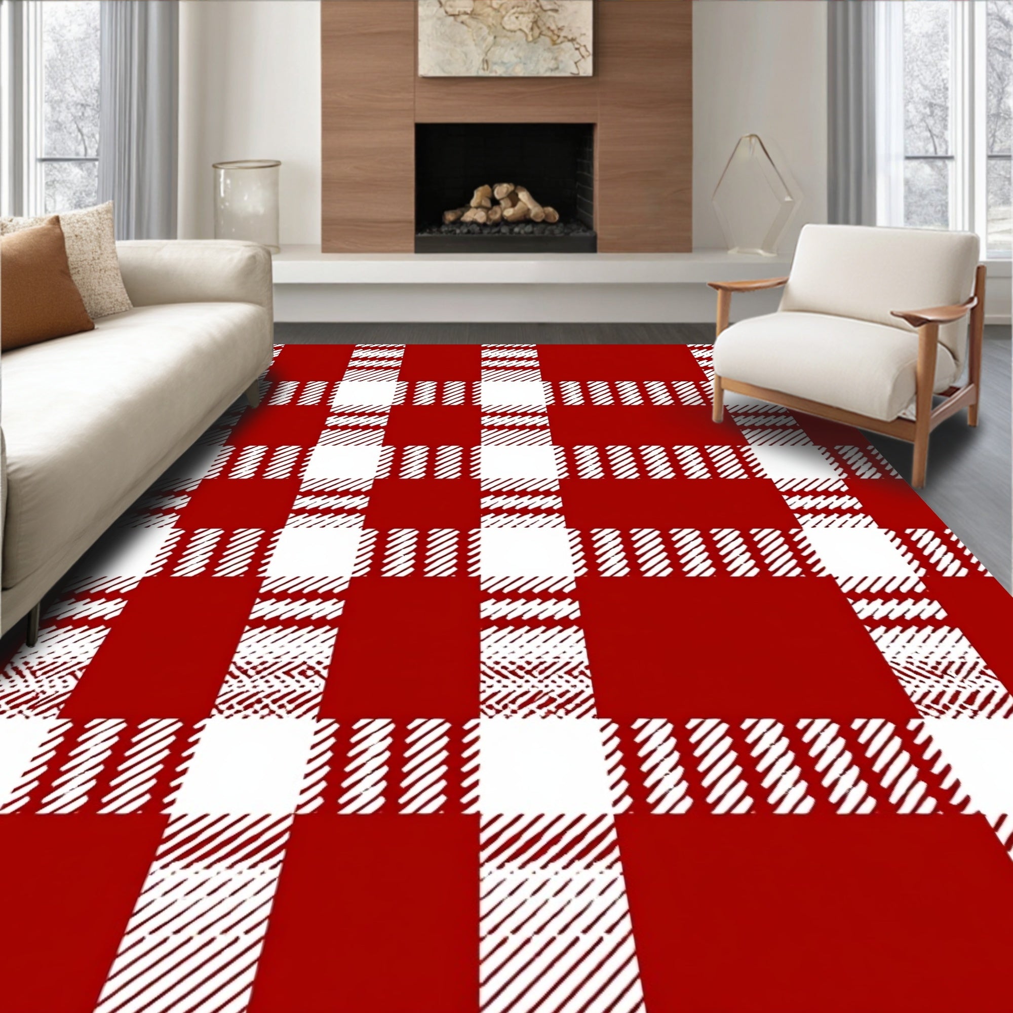 Classic Red White Plaid Checkered Rug