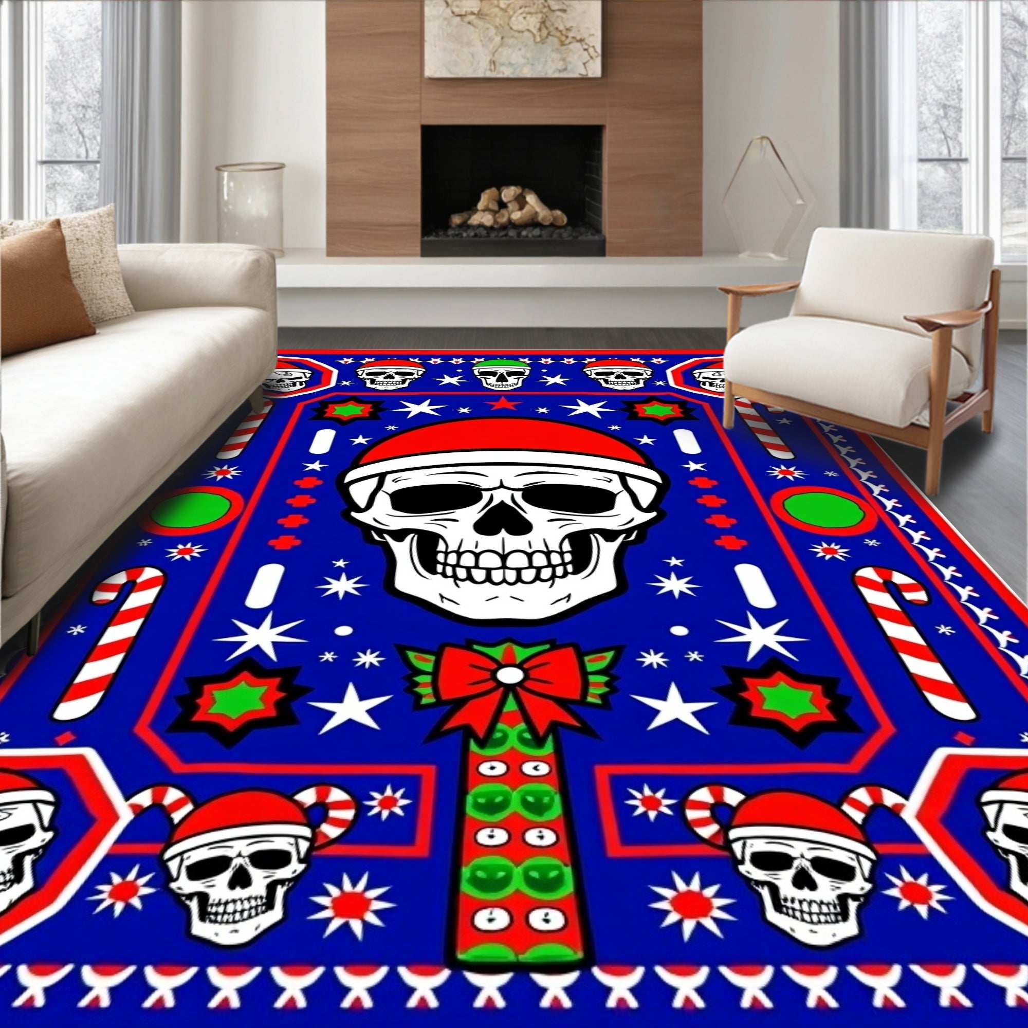 Blue Red Skull Christmas Candy Cane Rug