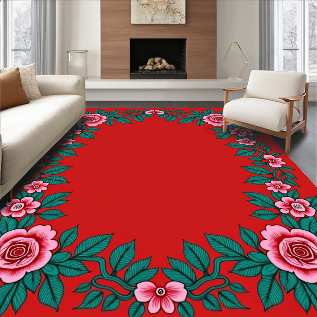 Pink Rose Bloom Vine Border Rug