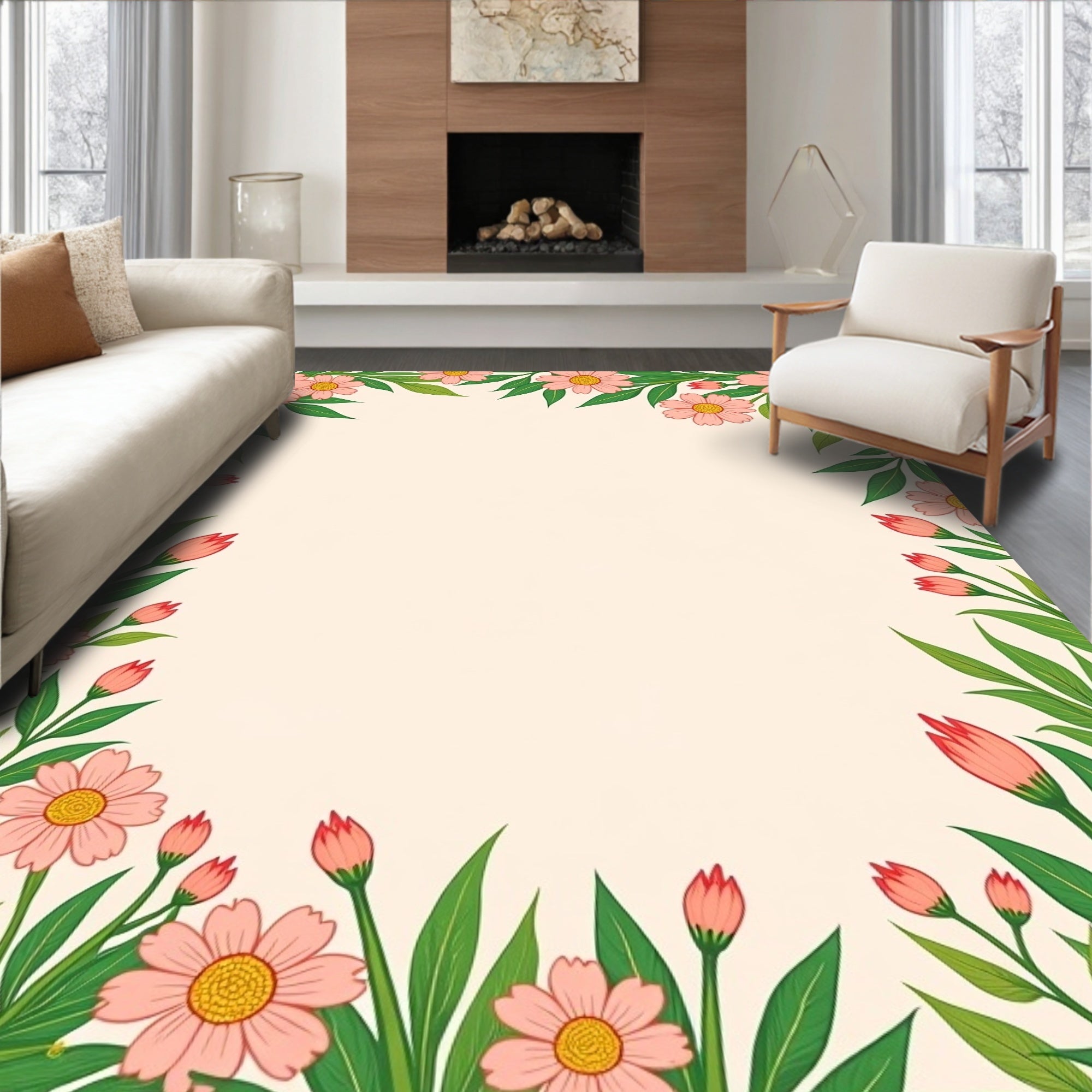 Delicate Pink Daisy Garden Border Rug