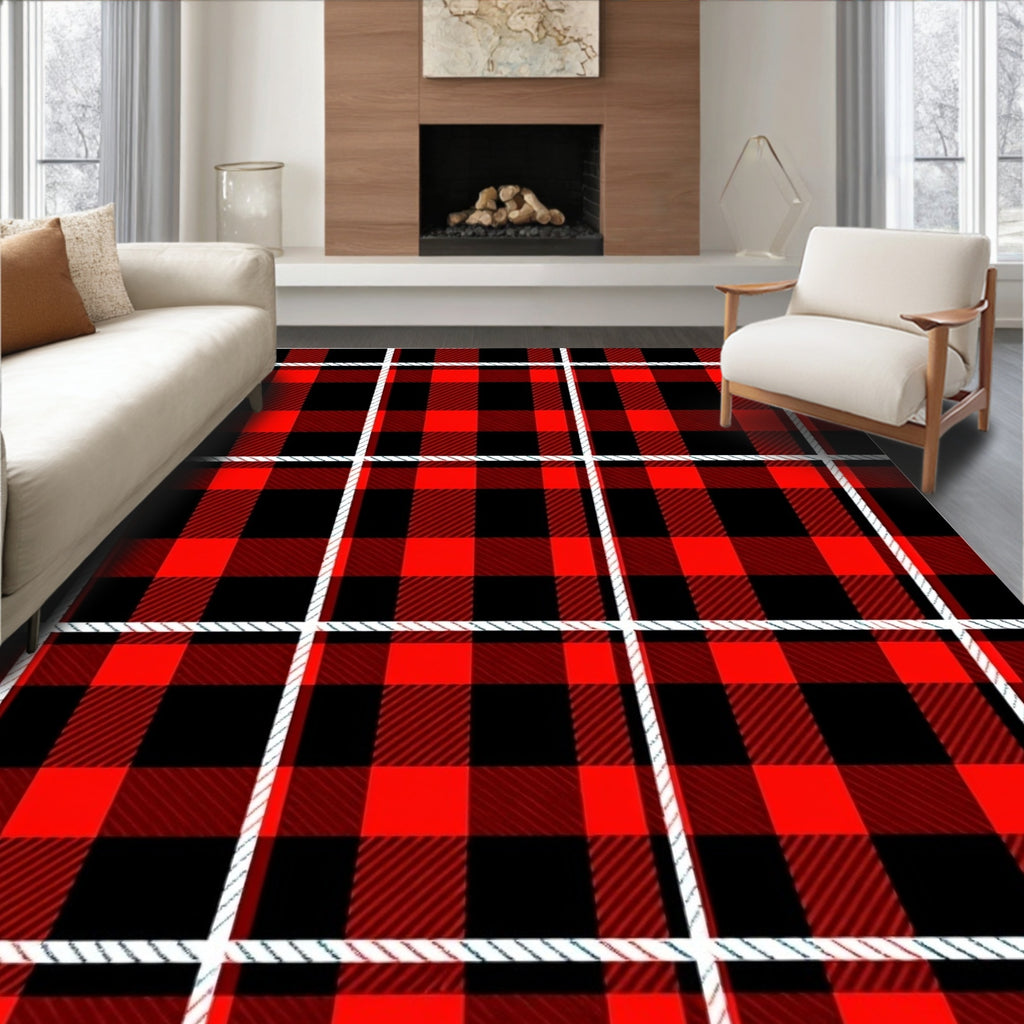 Bold Red Black Plaid Texture Rug