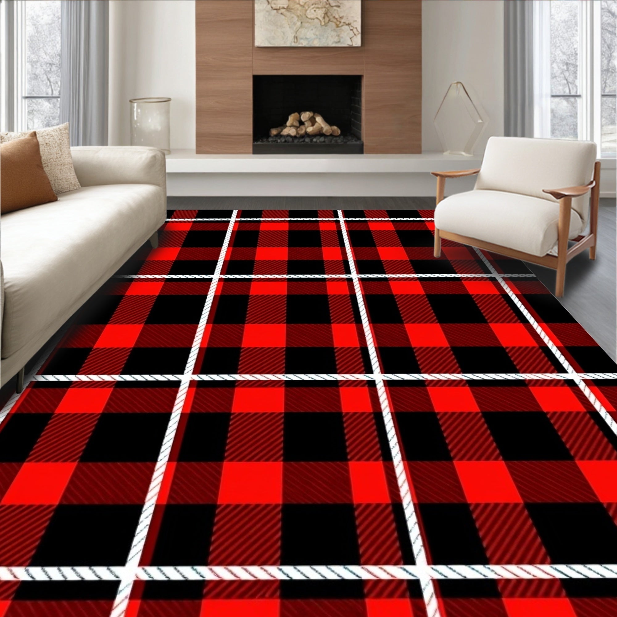 Bold Red Black Plaid Texture Rug