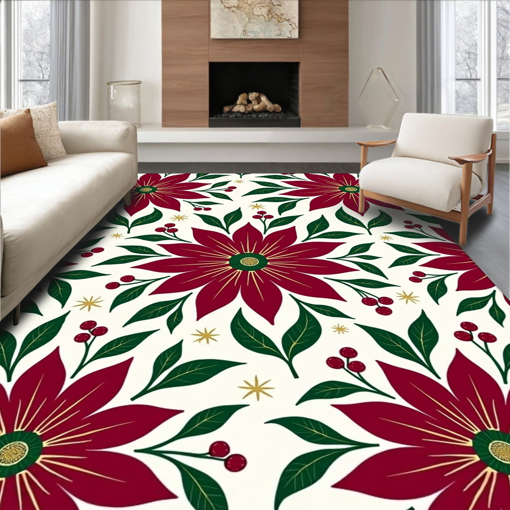 Crimson Poinsettia Green Leaf Berry Rug