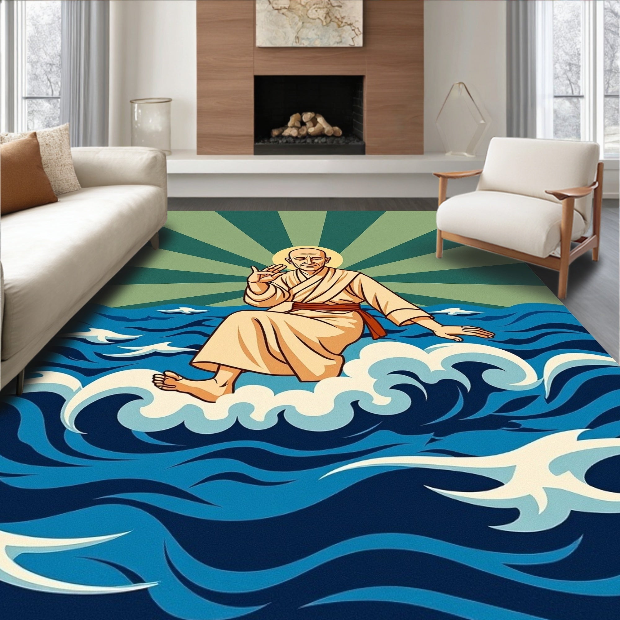 Calm Monk Riding Cloud Ocean Waves Rug