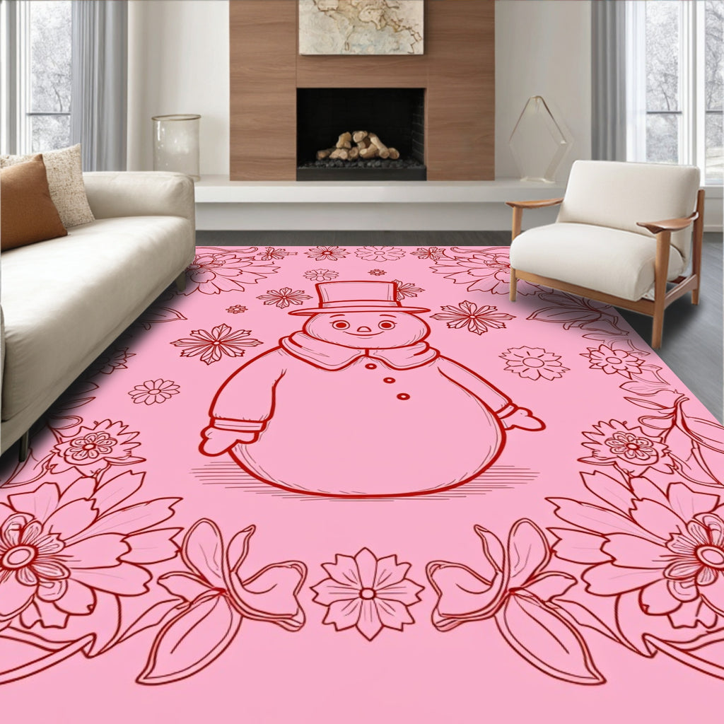 Charming Red Snowman Floral Border Rug
