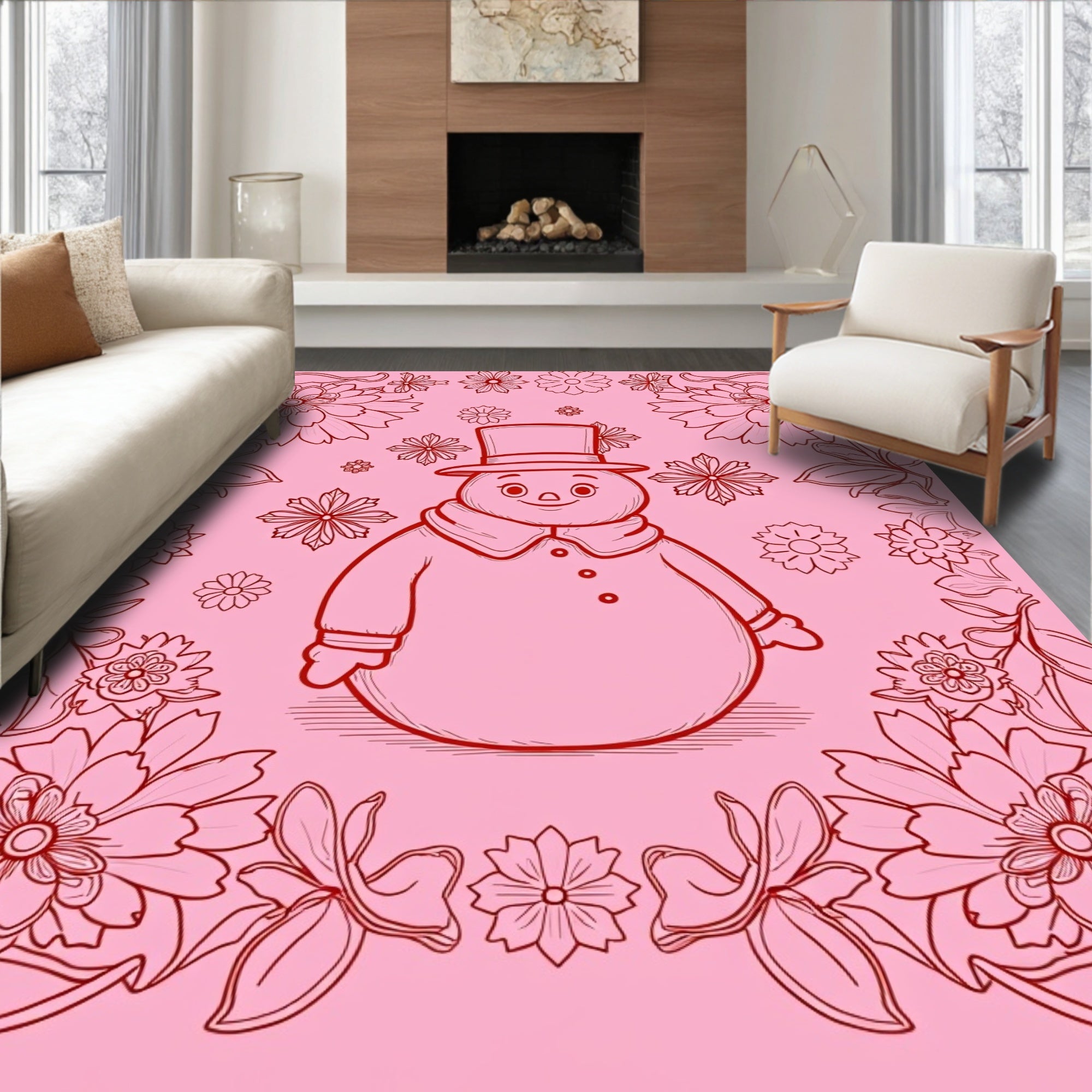 Charming Red Snowman Floral Border Rug