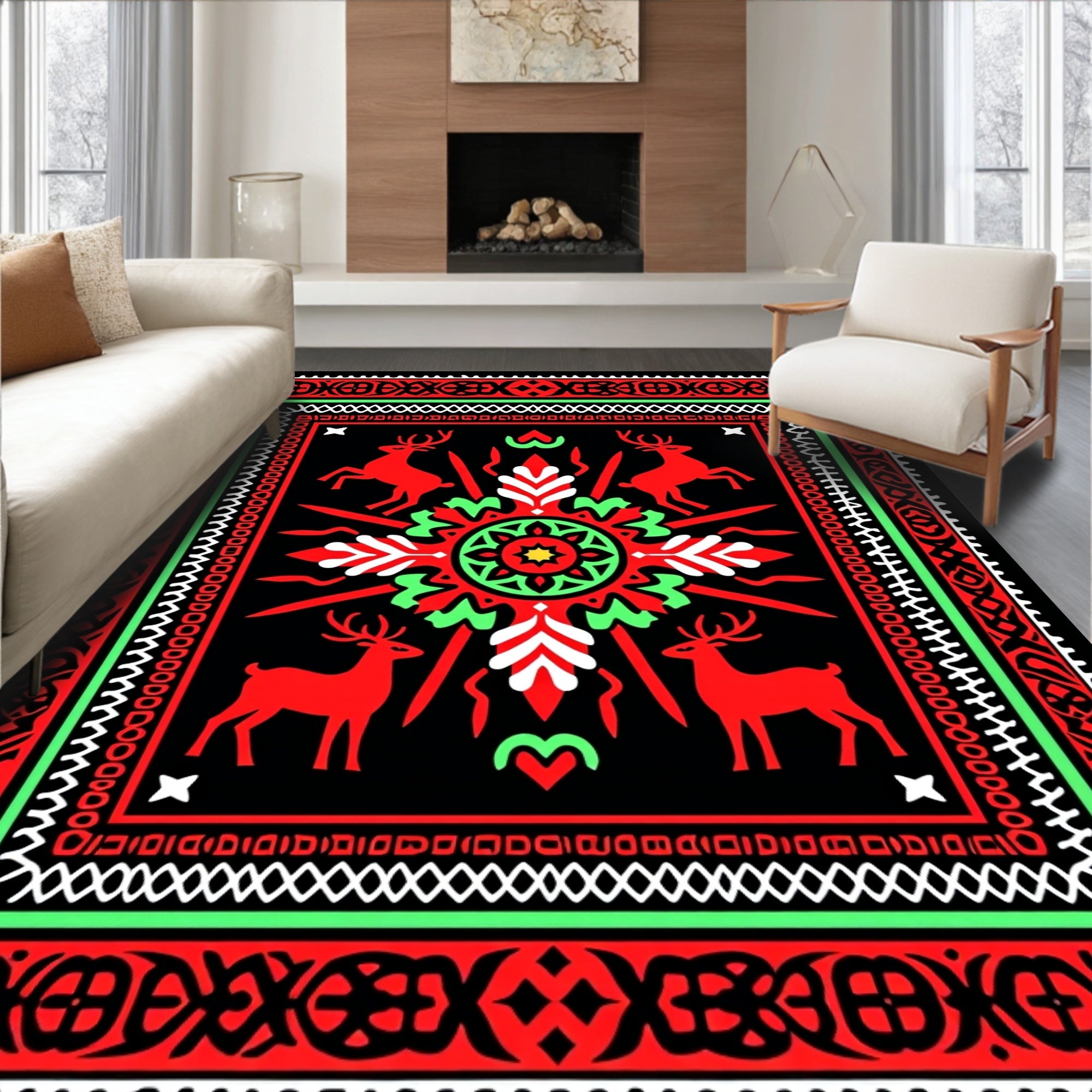 Red Deer Green Crimson Folk Art Rug