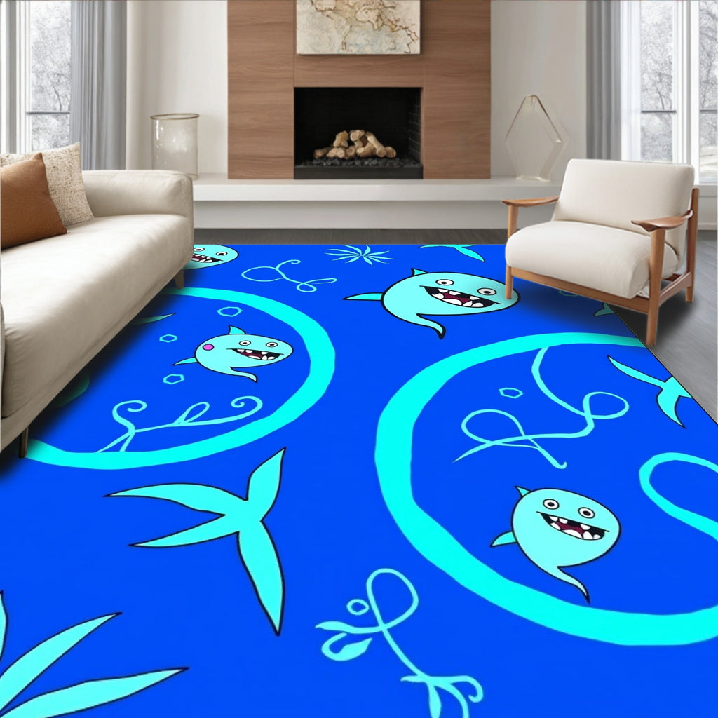 Whimsical Blue Cartoon Fish Swirl Rug
