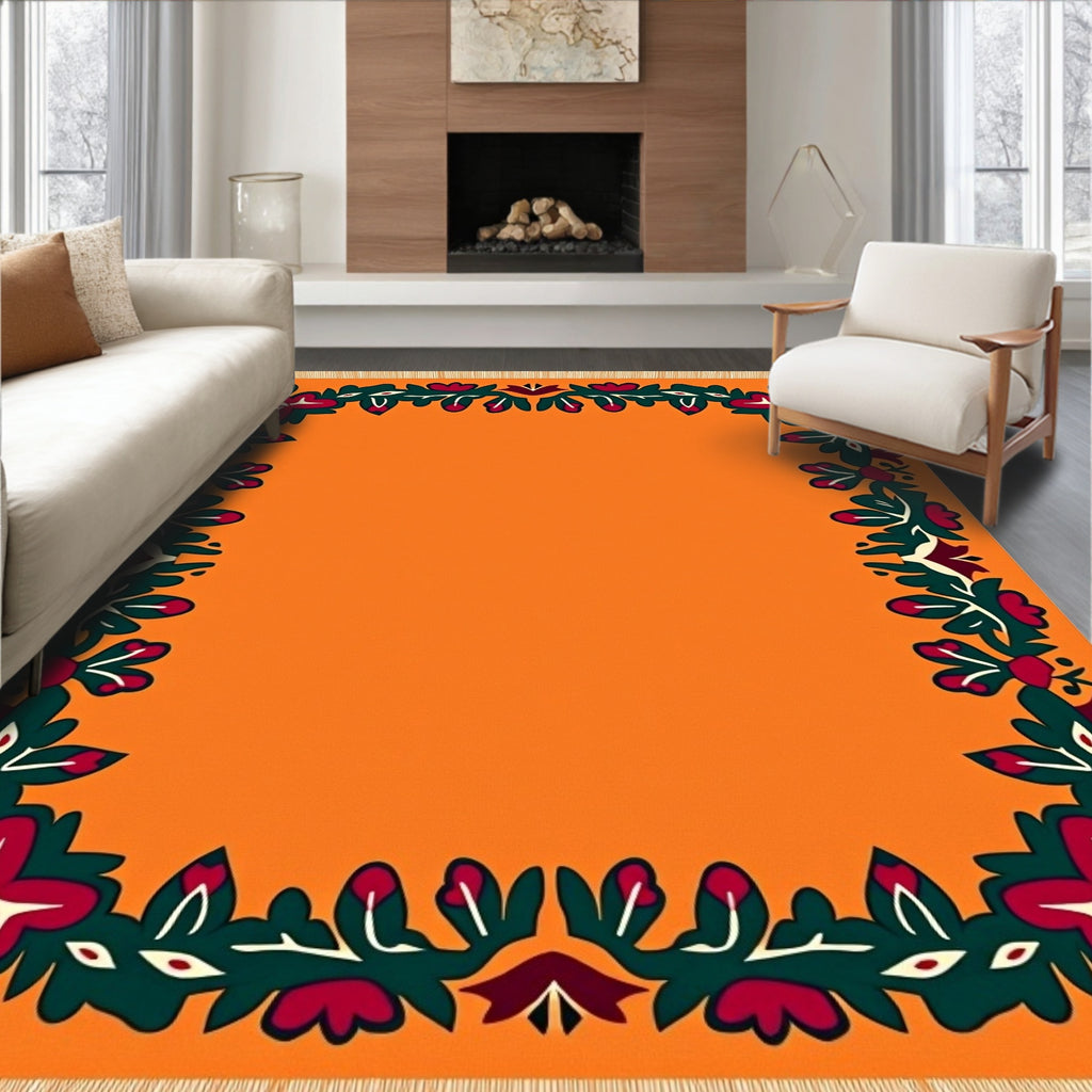 Vibrant Orange Floral Border Rug