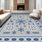 Gray Blue Snowflake Medallion Border Rug