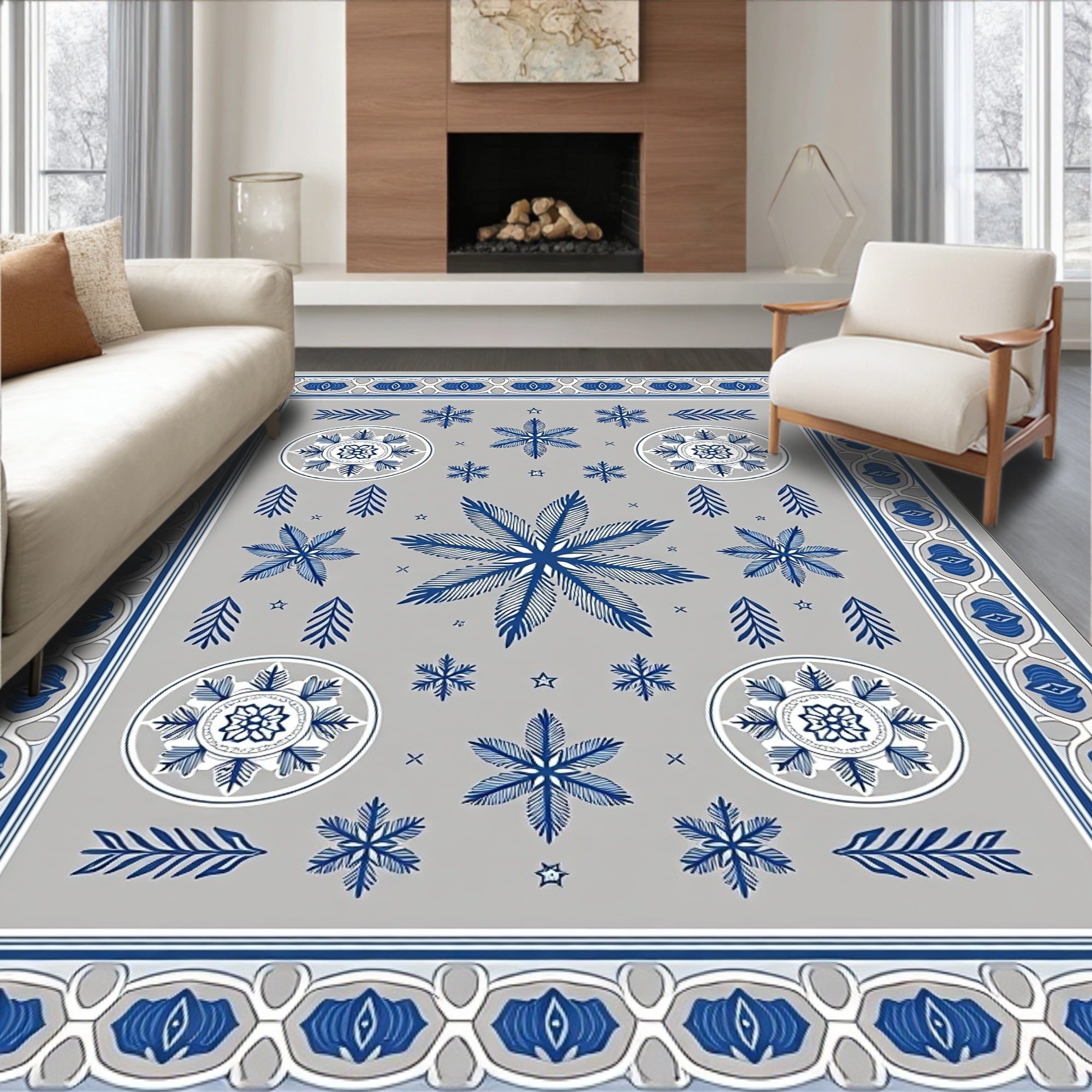 Gray Blue Snowflake Medallion Border Rug