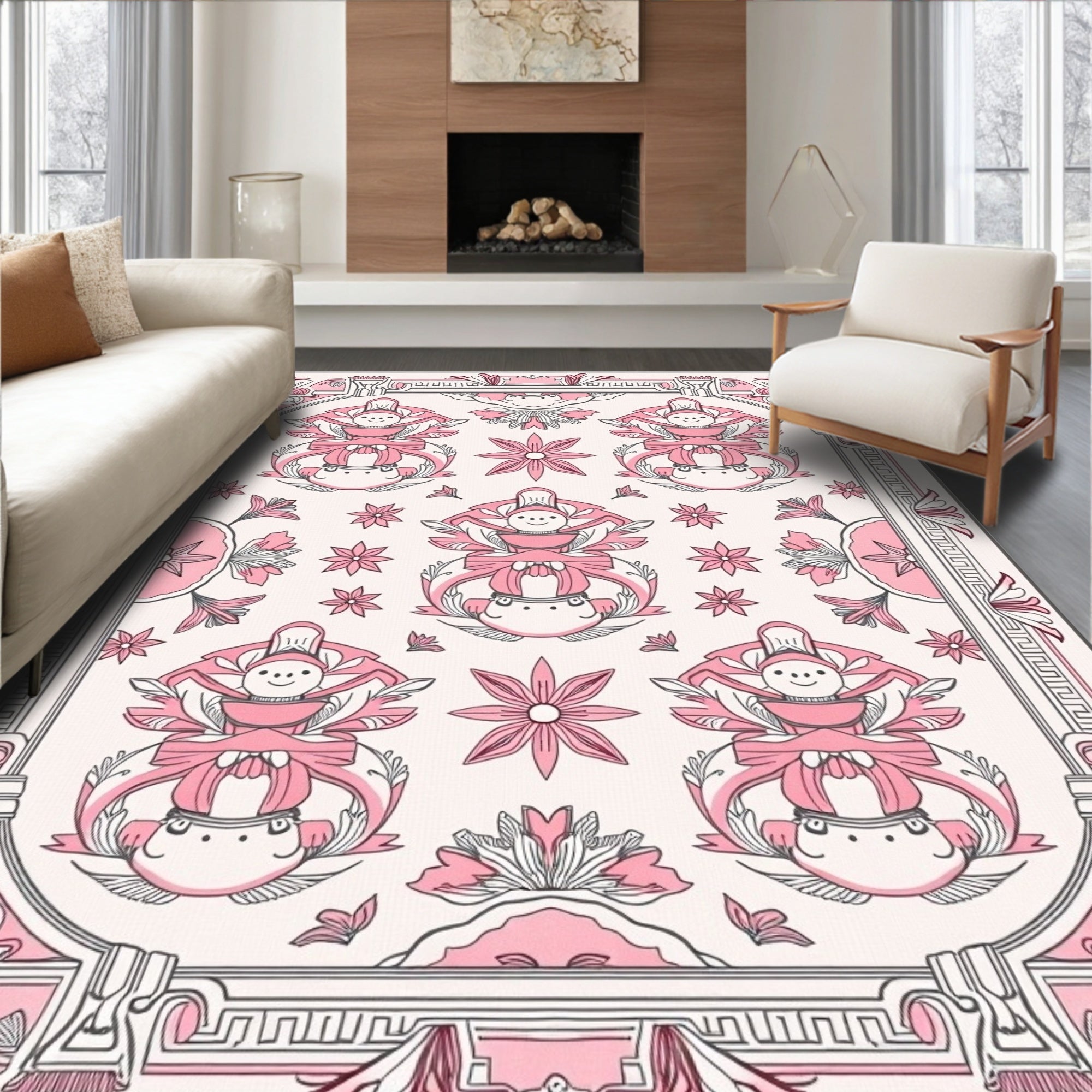 Pink Child Figure Floral Frame Rug