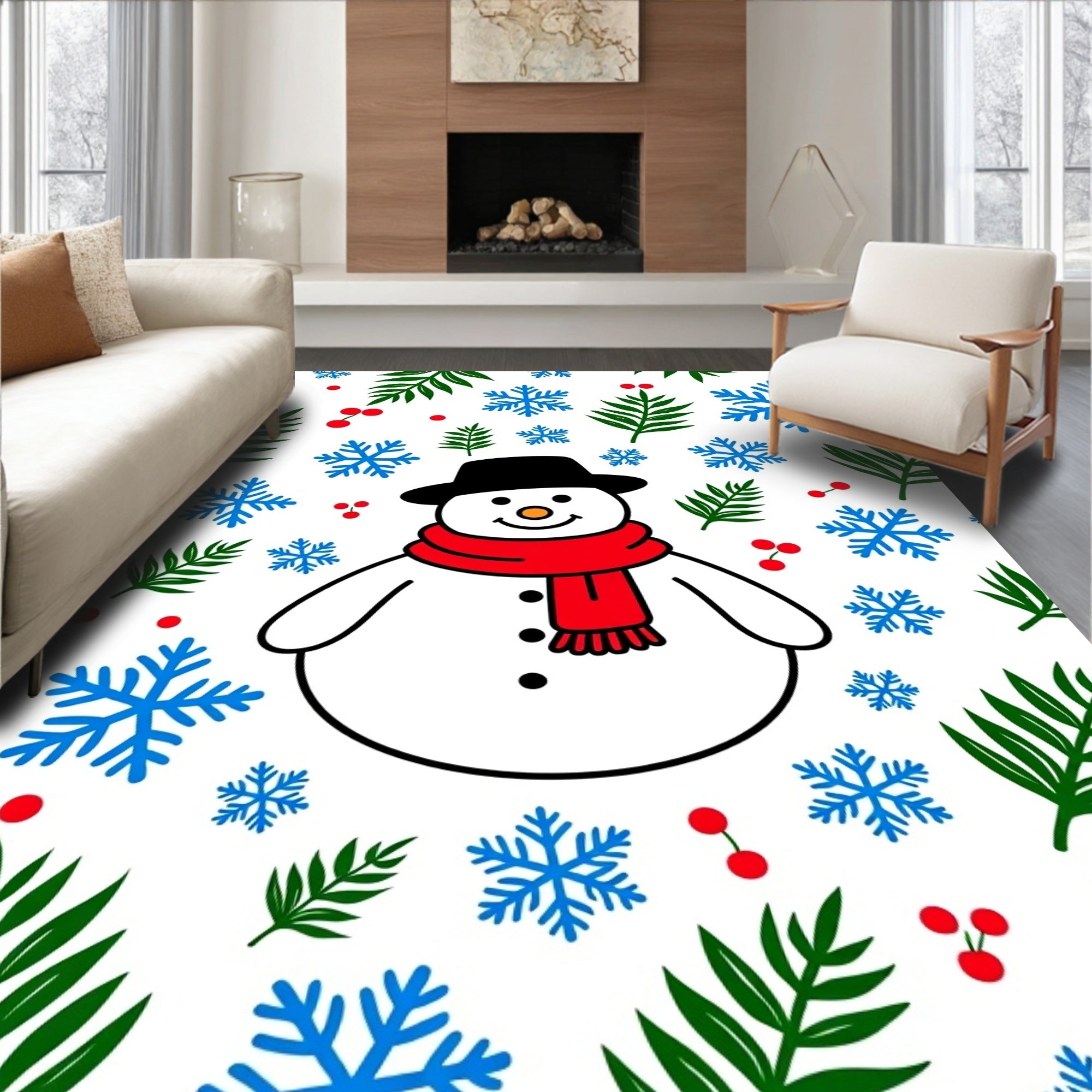 Charming Snowman Red Scarf Holly Snowflakes Rug