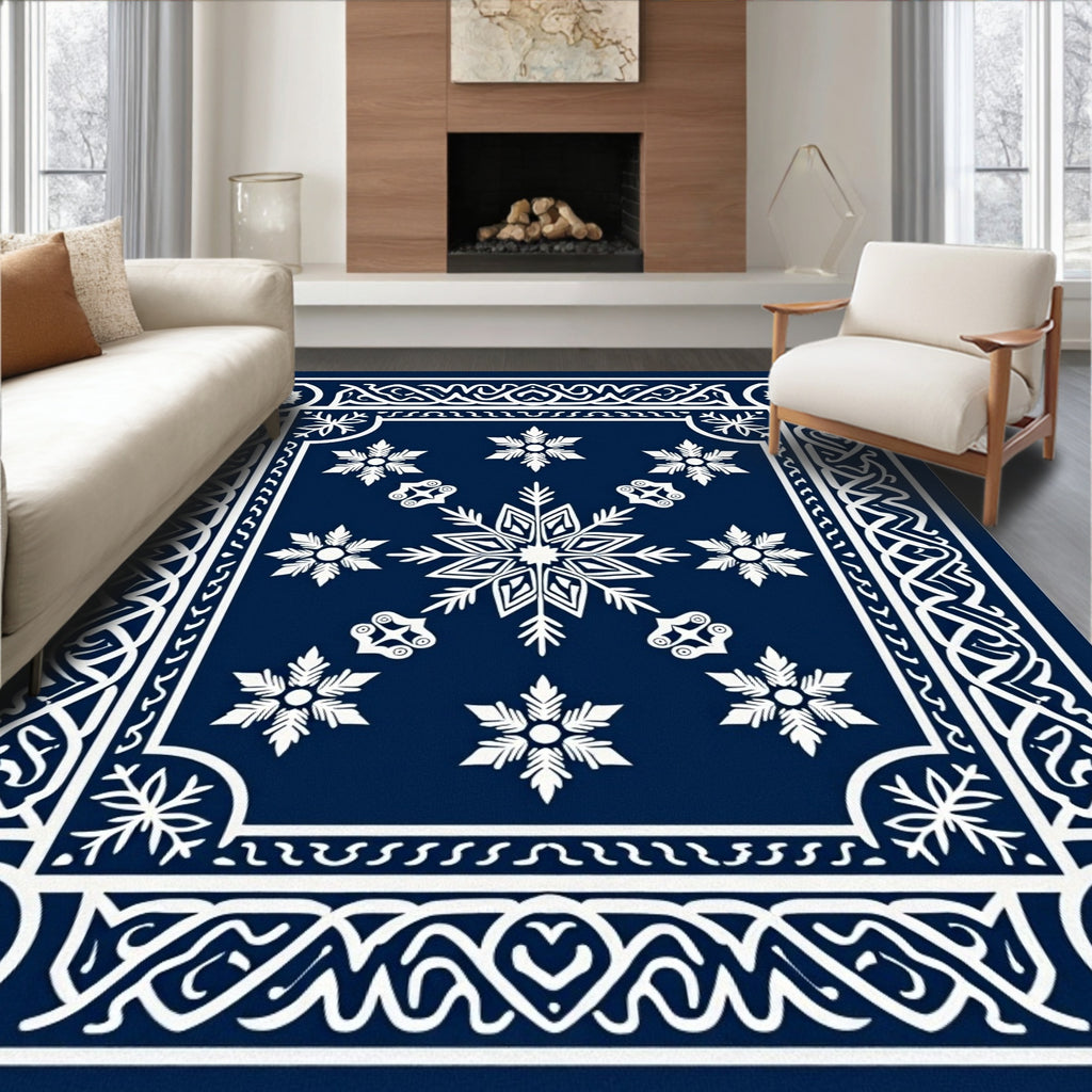 Navy White Snowflake Nordic Border Rug