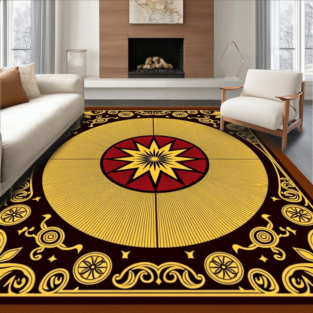 Crimson Yellow Sunburst Medallion Frame Rug