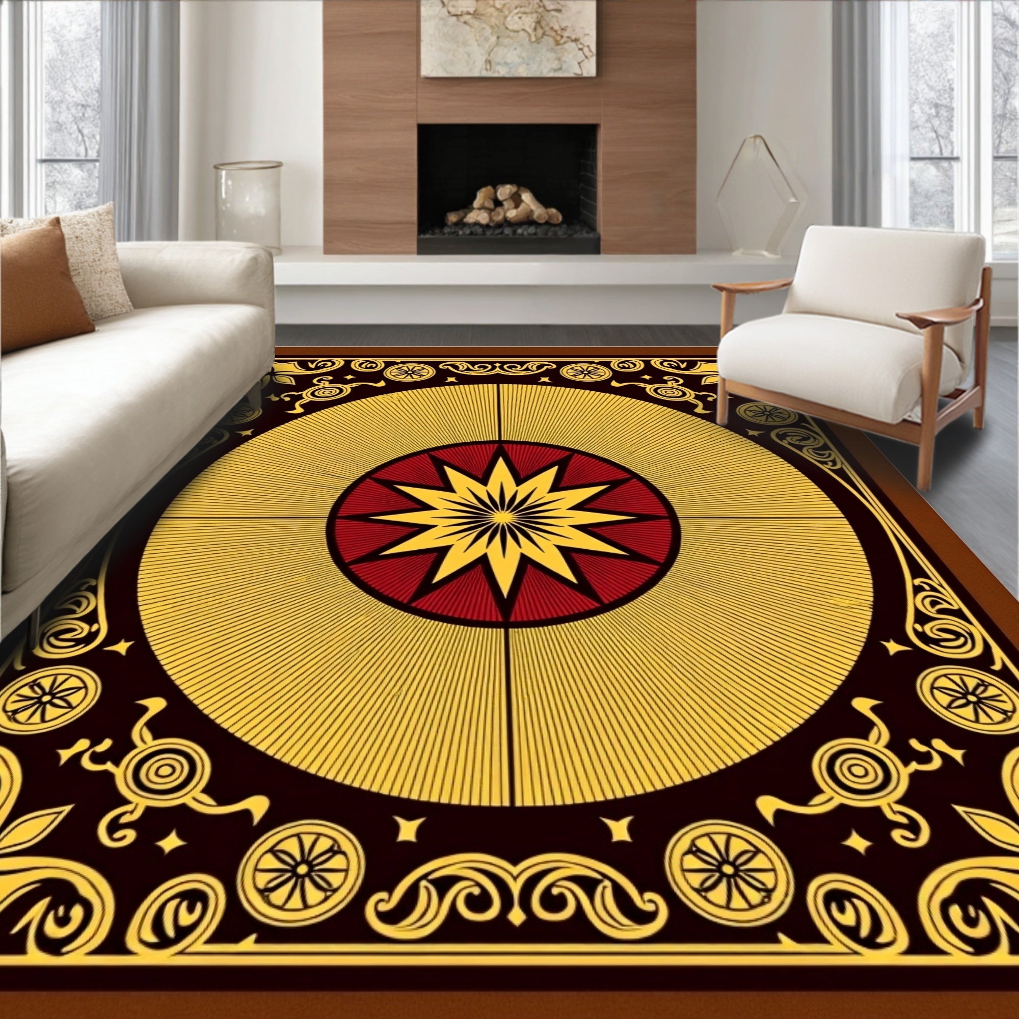 Crimson Yellow Sunburst Medallion Frame Rug