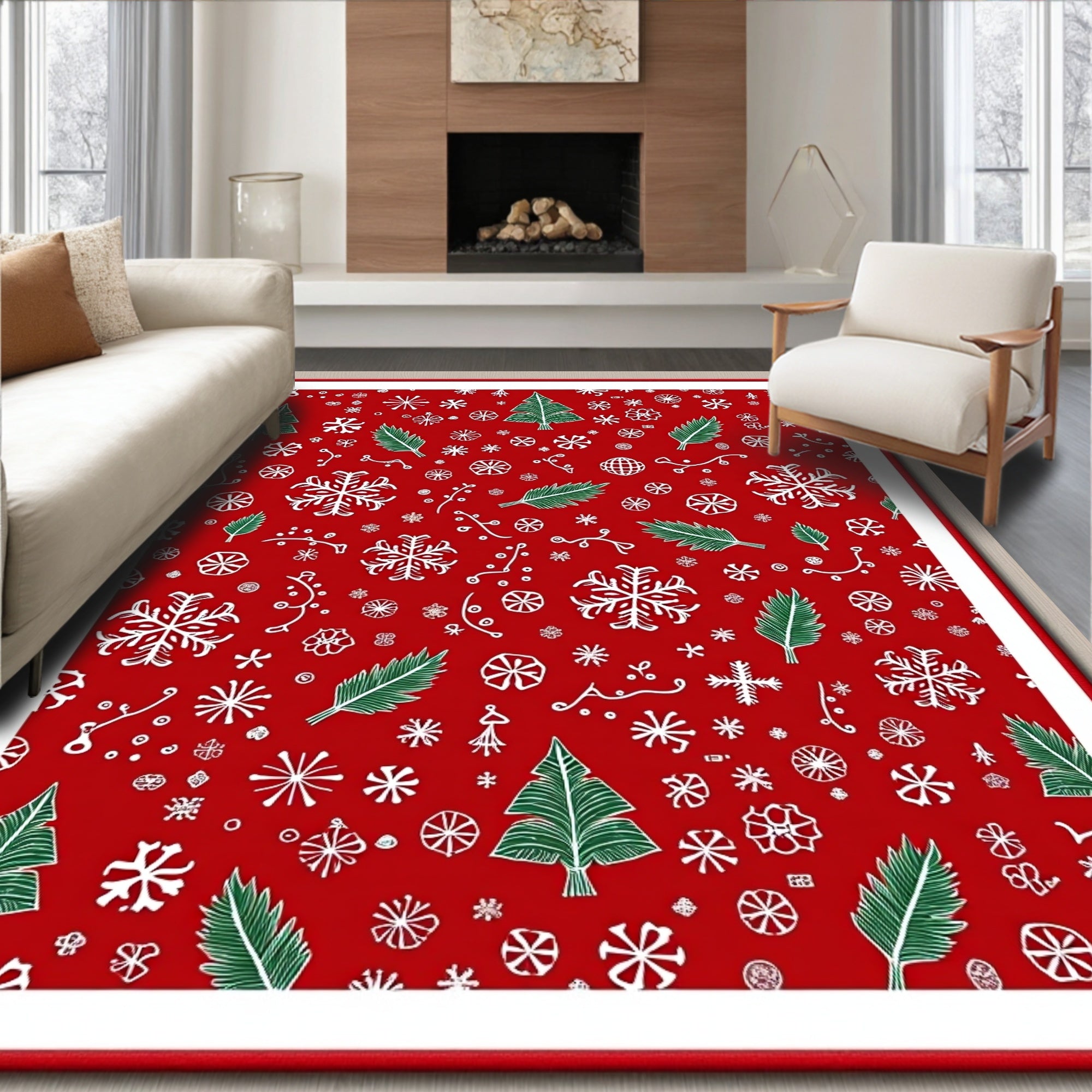 Red White Green Festive Snowflakes Christmas Trees Rug