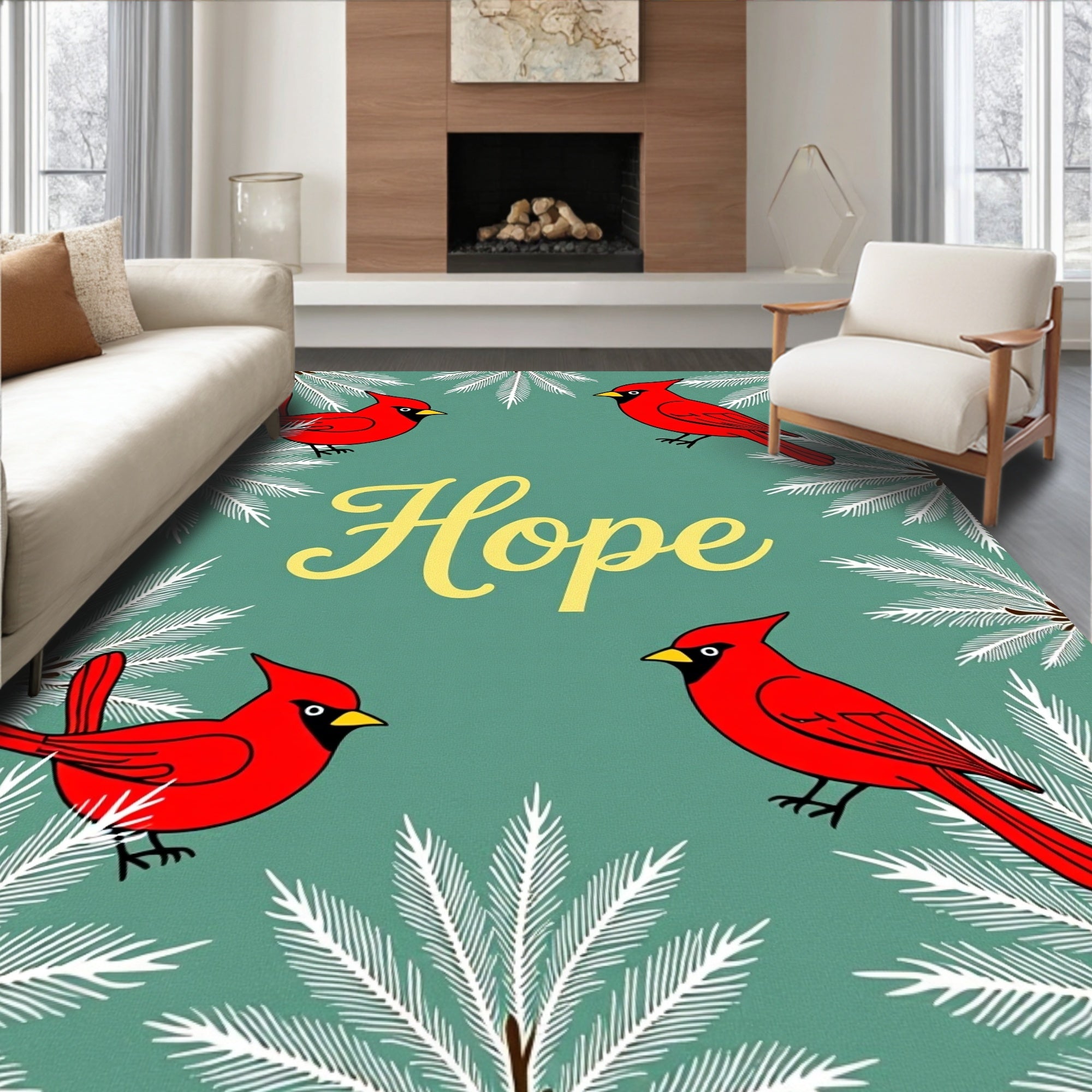 Red Cardinal Birds With Pine Branches Rug