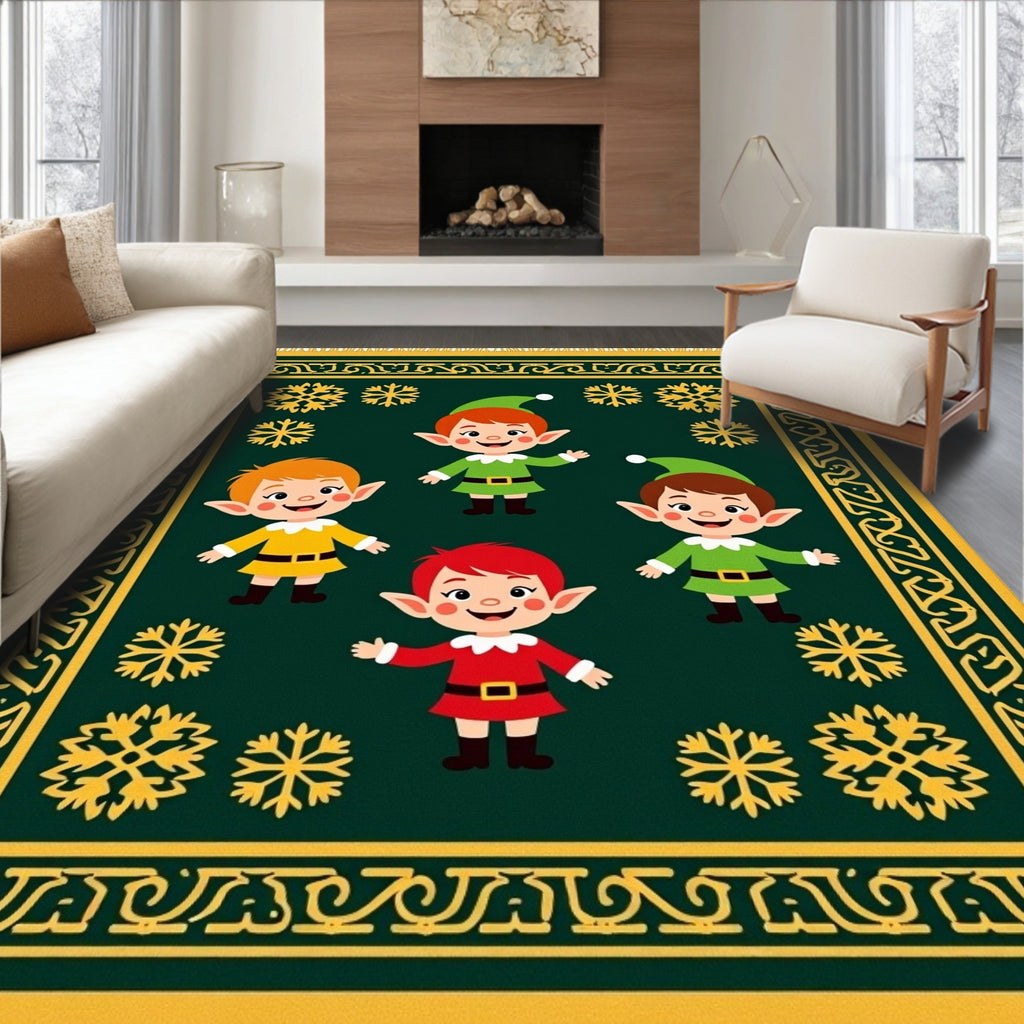 Festive Green Elves Snowflake Border Rug