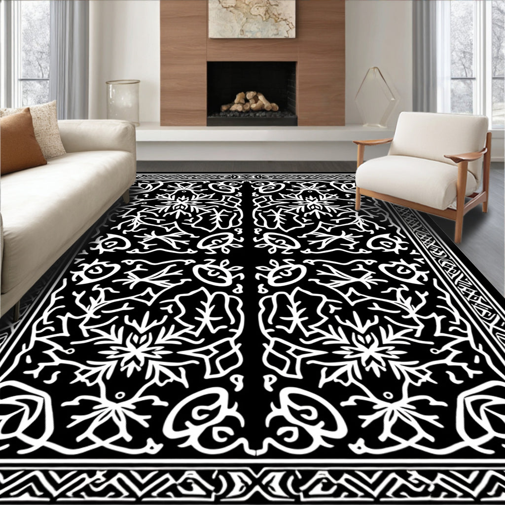 Celtic Inspired White Black Floral Rug