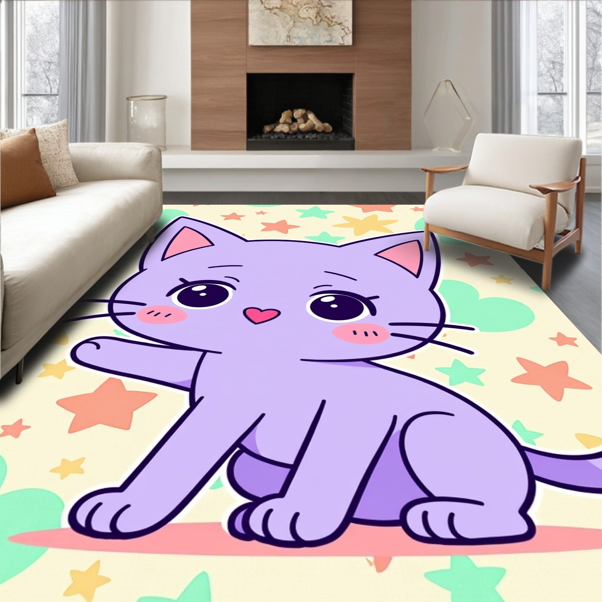 Whimsical Lilac Cat Starry Background Rug
