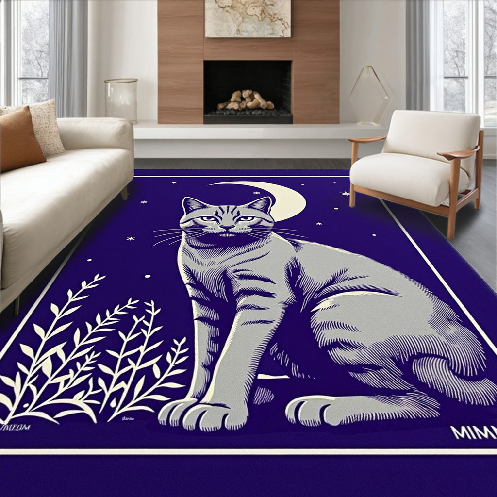Mystical Gray Cat Moonlit Garden Rug