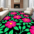 Vibrant Pink Floral Black Garden Rug