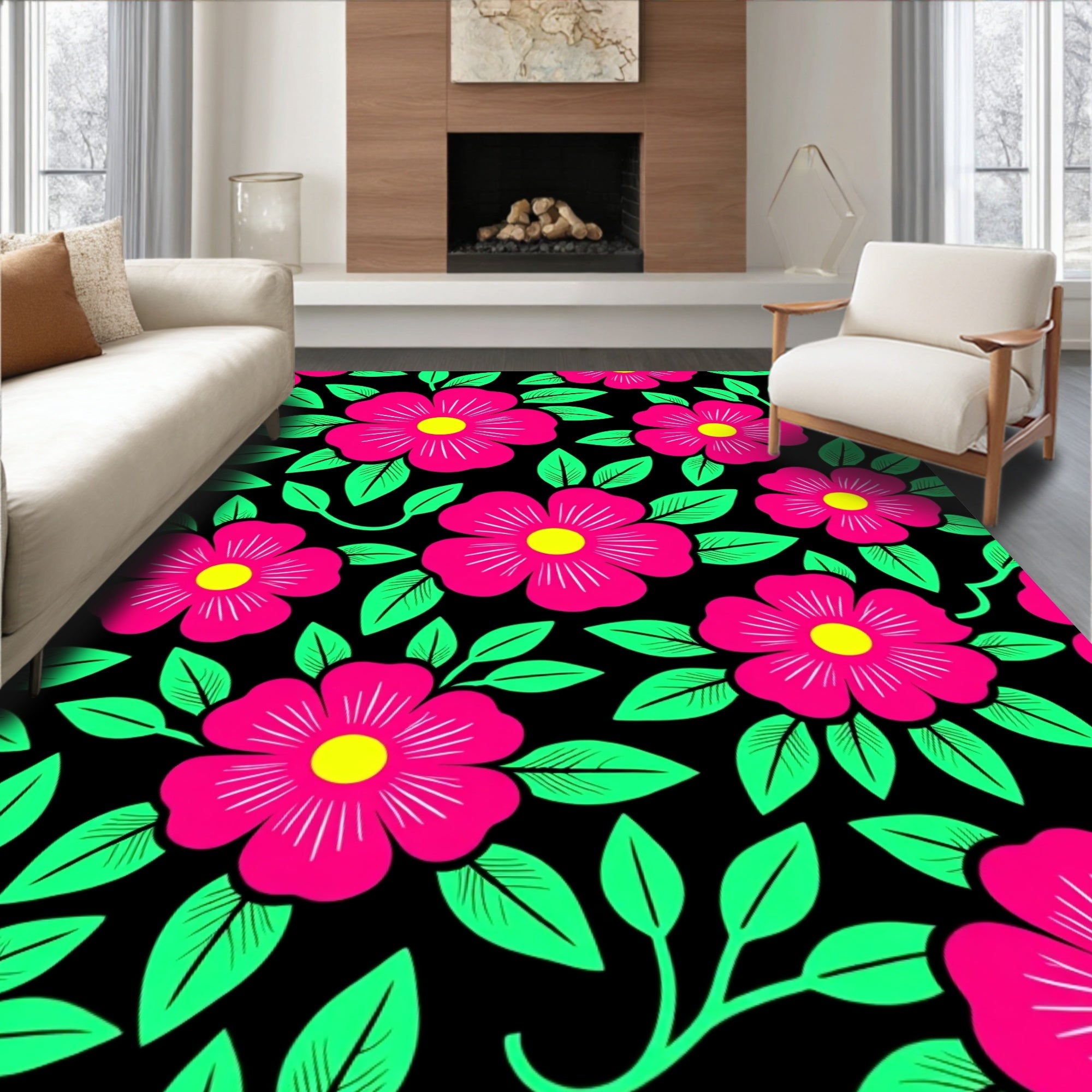 Vibrant Pink Floral Black Garden Rug