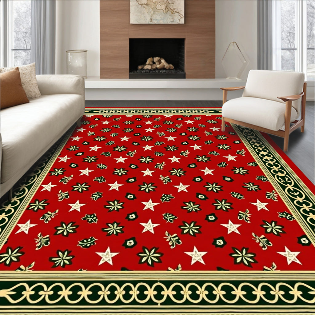 Red Festive Star Floral Border Rug