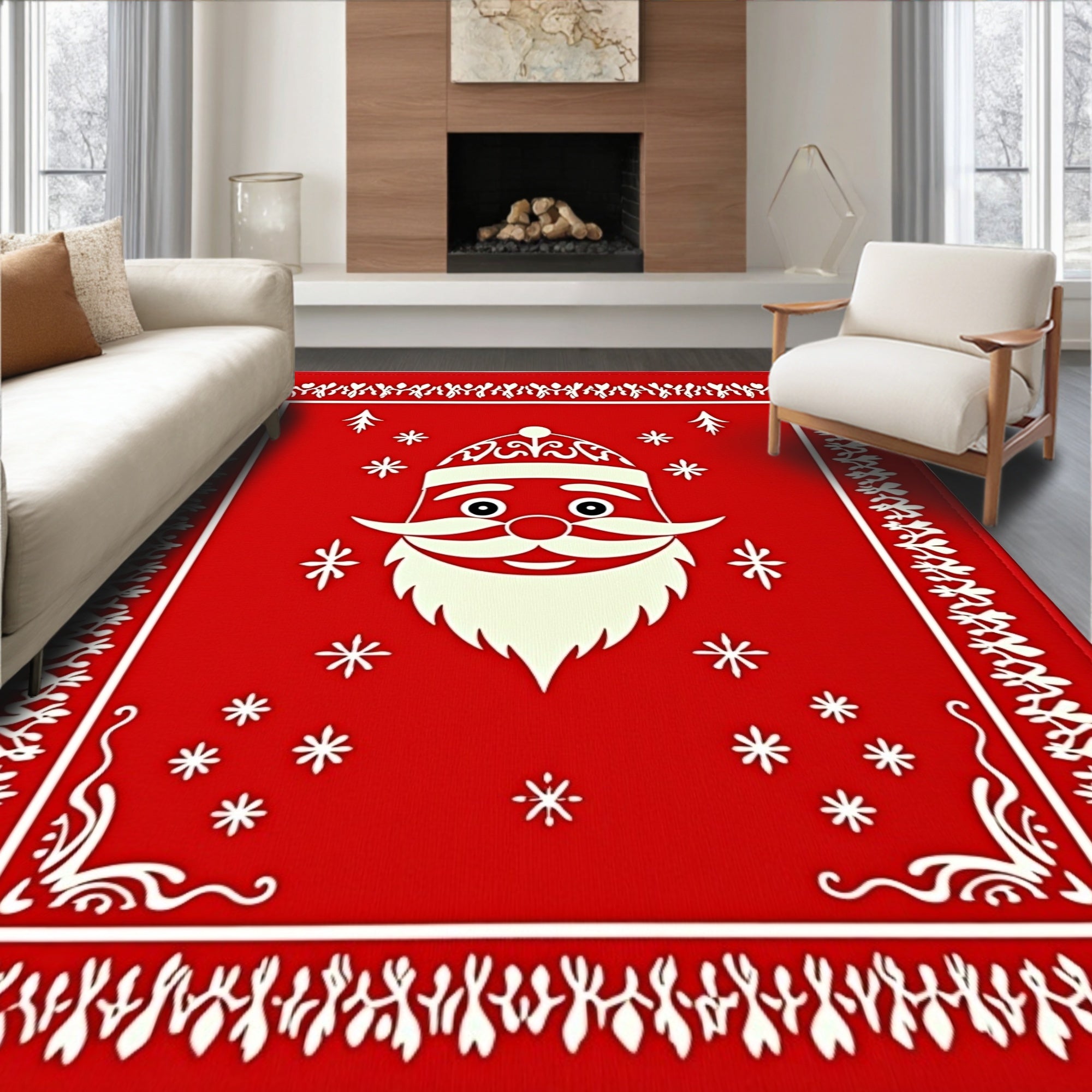 Crimson Santa Claus Snowflakes Festive Rug