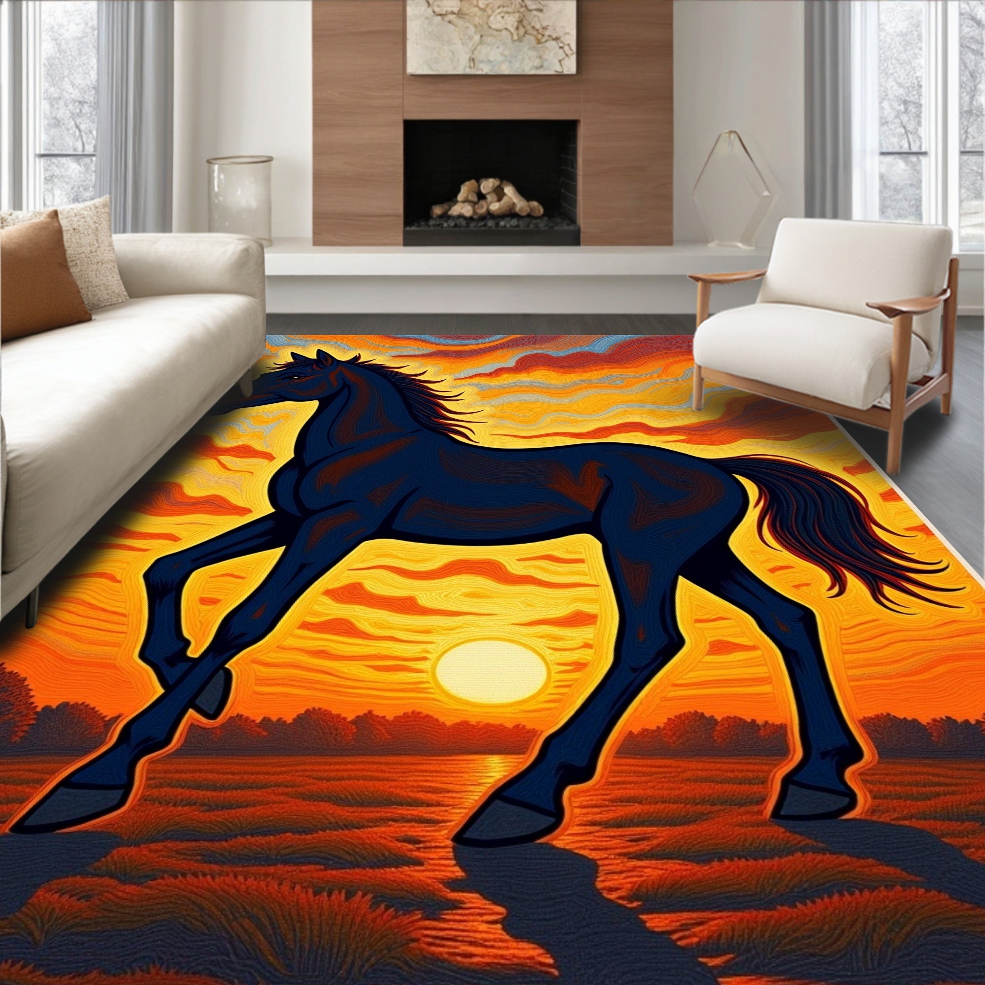 Black Horse Amidst Sunset Waves Rug