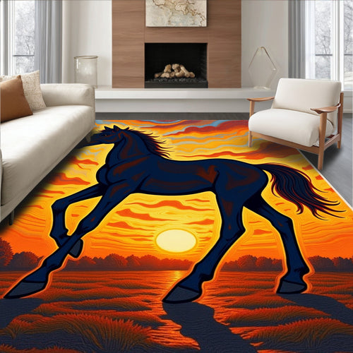 Black Horse Amidst Sunset Waves Rug