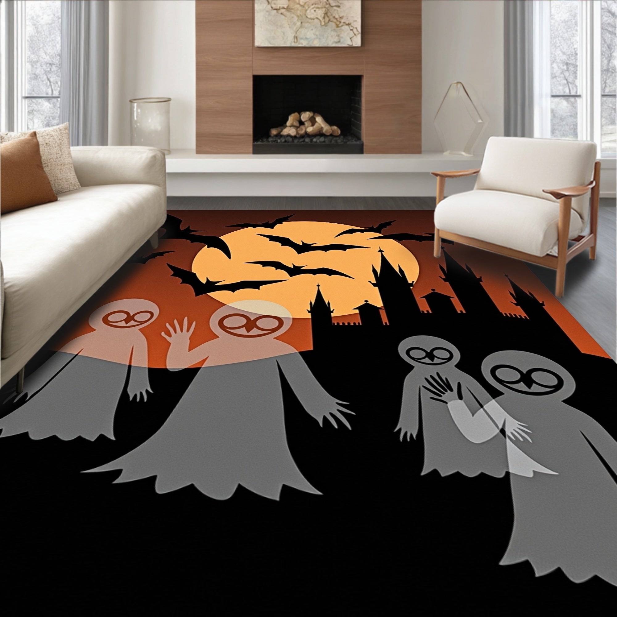 Spooky Moonlit Castle Bats and Ghosts Rug