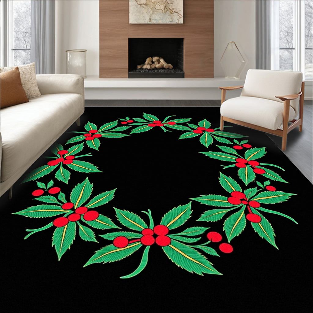 Vibrant Red Berry Leaf Wreath Rug