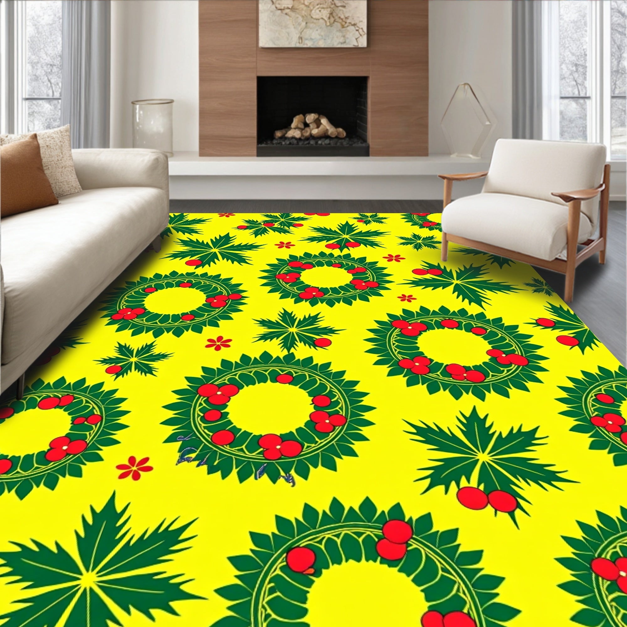 Holiday Wreath Leaf Berry Yellow Rug