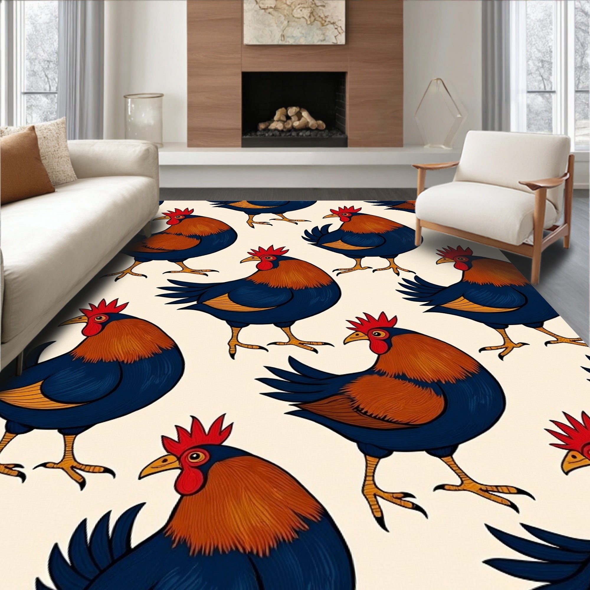 Farmhouse Rooster Charm Rustic Barnyard Rug