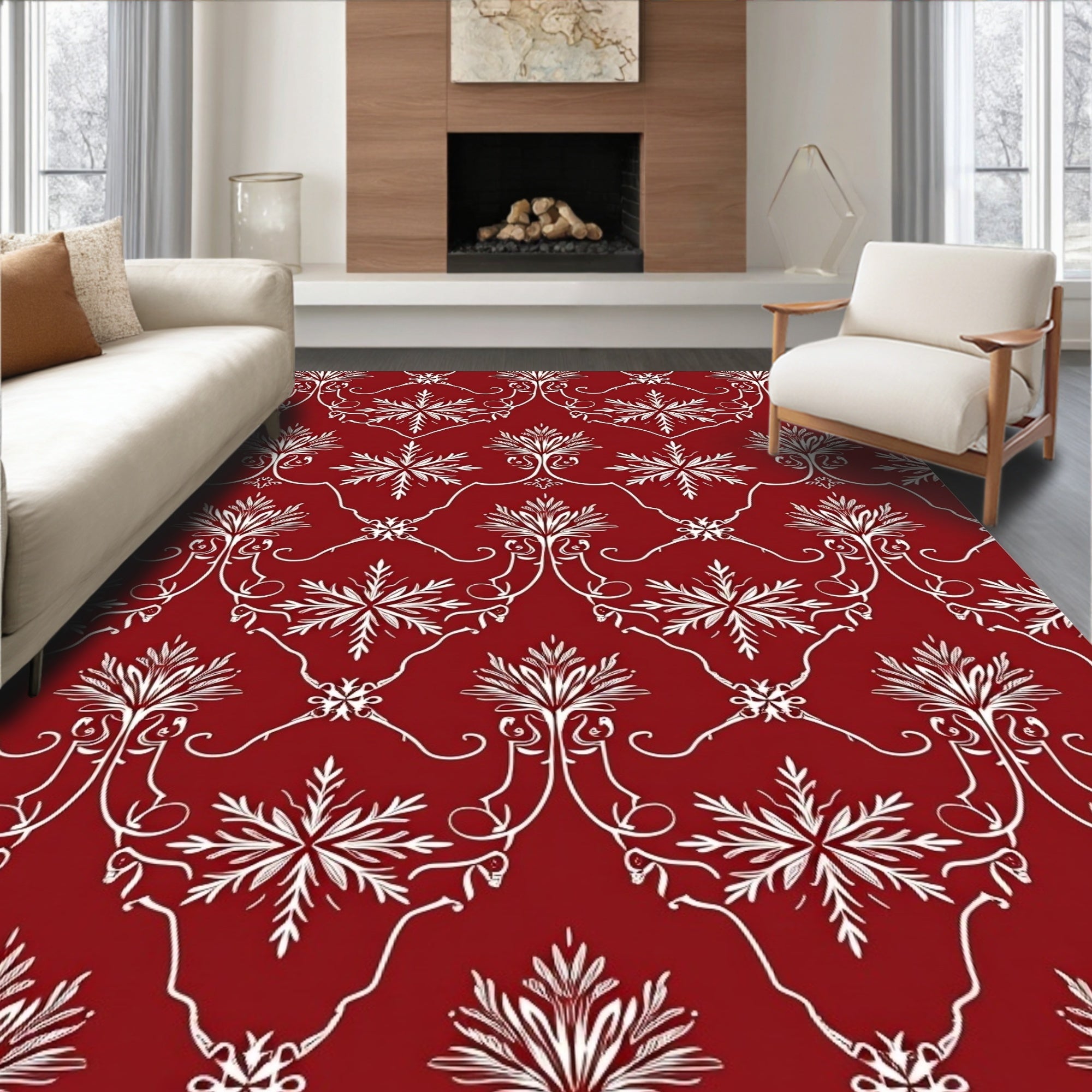 Crimson White Damask Scrollwork Leaf Rug