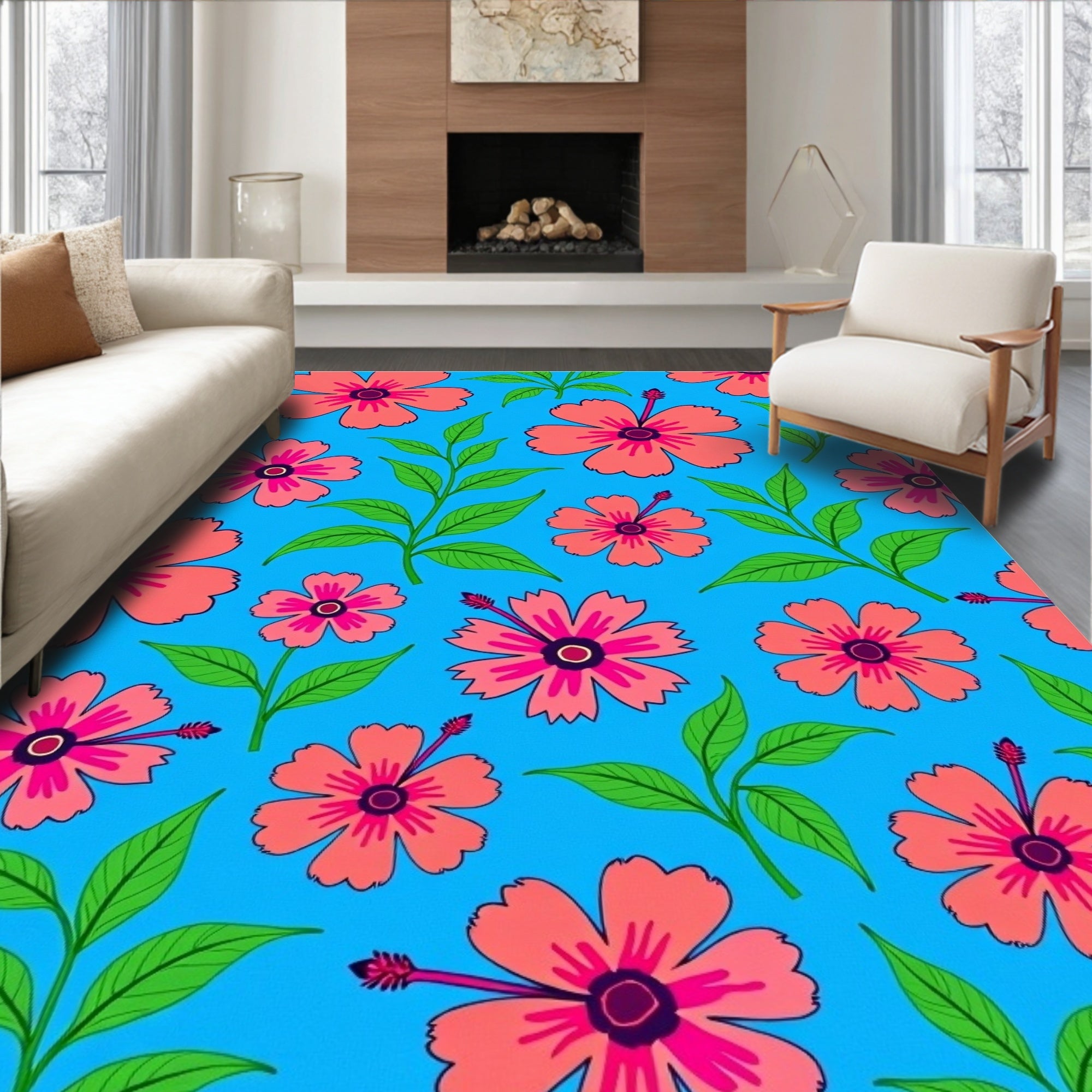 Coral Floral Tropical Foliage Rug
