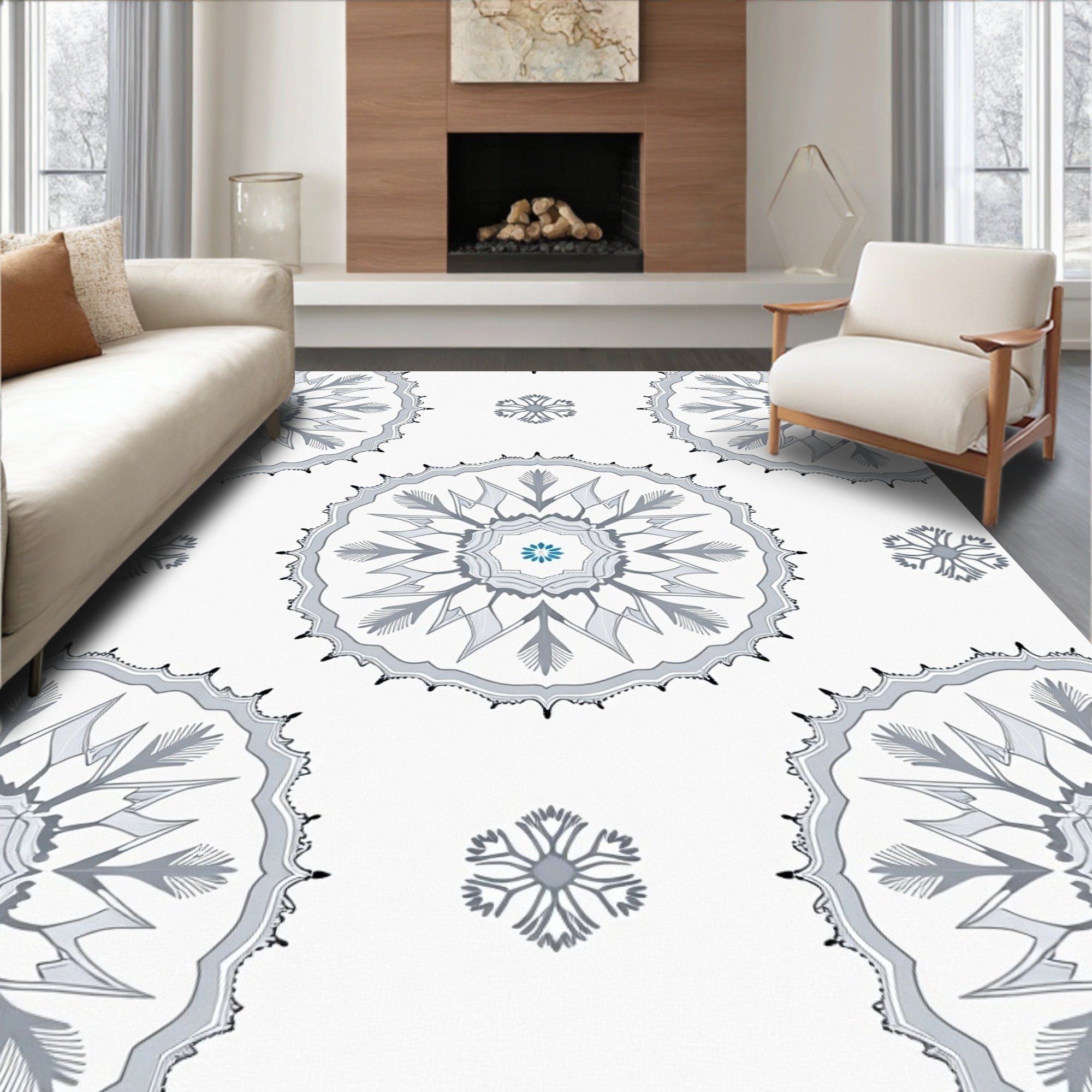 Gray Snowflake Medallion with Teal Accents Rug