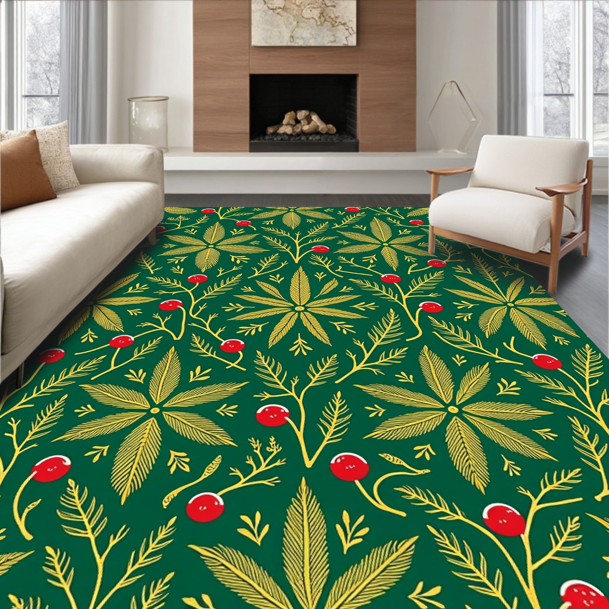 Green Golden Leaf Berry Sprig Rug