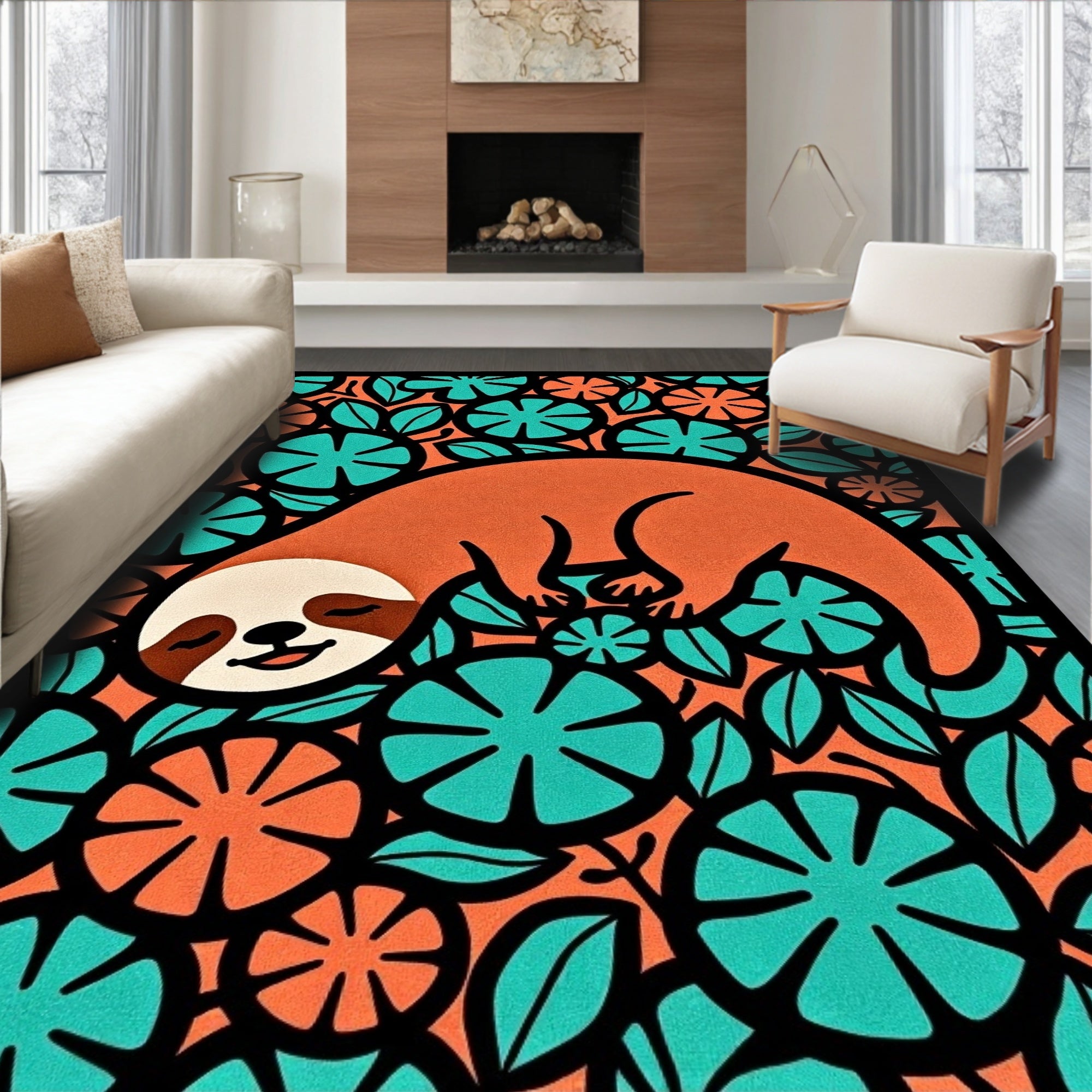 Whimsical orange sloth floral scene Rug