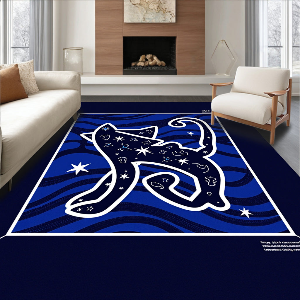 Cosmic Cat Blue Waves Starry Night Rug
