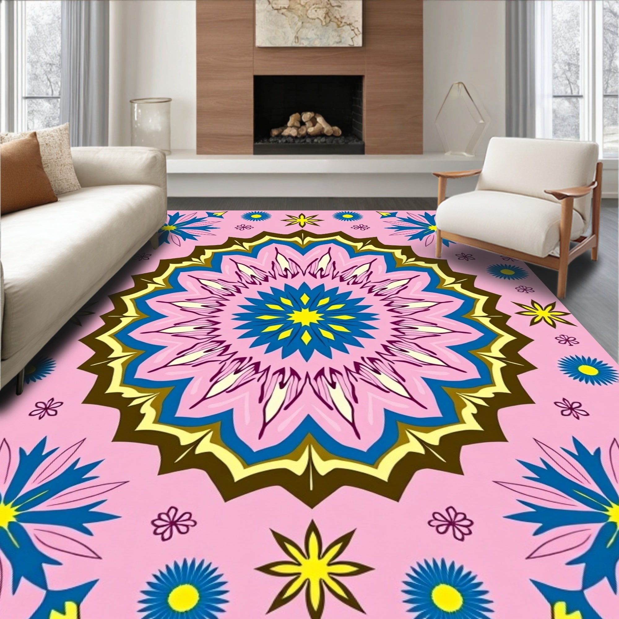 Pink Blue Yellow Floral Medallion Rug