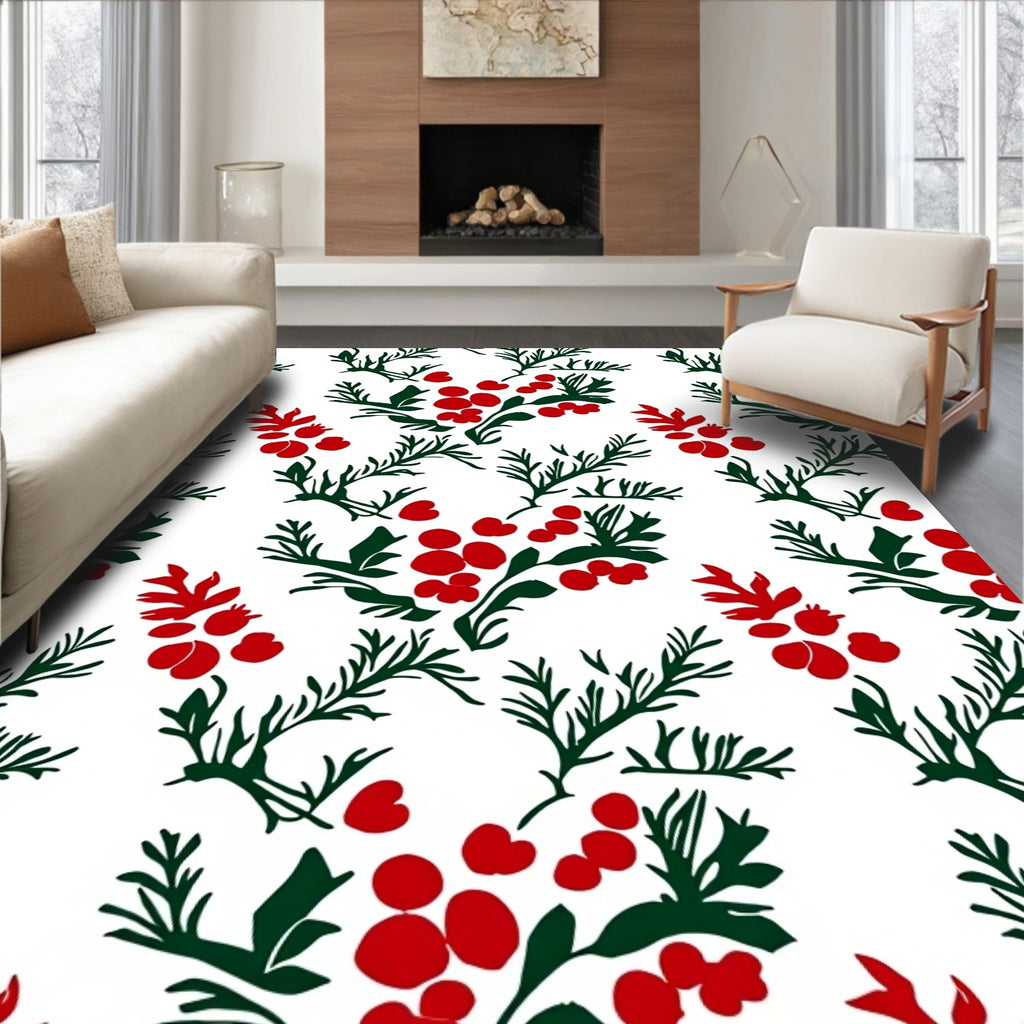 Red Berry Green Branch Botanical Rug